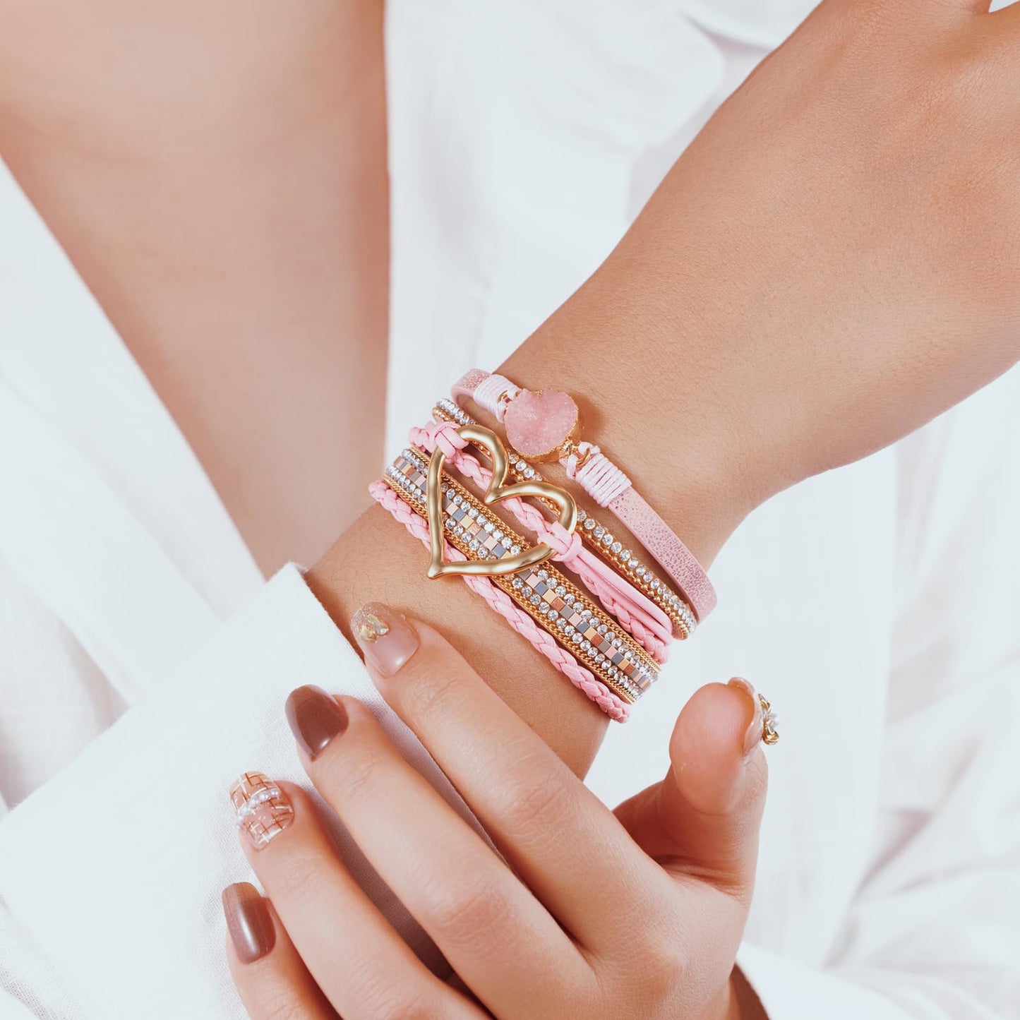 Becklynn Boho Leather Wrap Bracelets Beaded Crystal Stackable Cuff Bracelet with Magnetic Clasp Cowboy Cowgirl County Concert Outfits Western Jewelry Gifts for Women(Heart Pink)