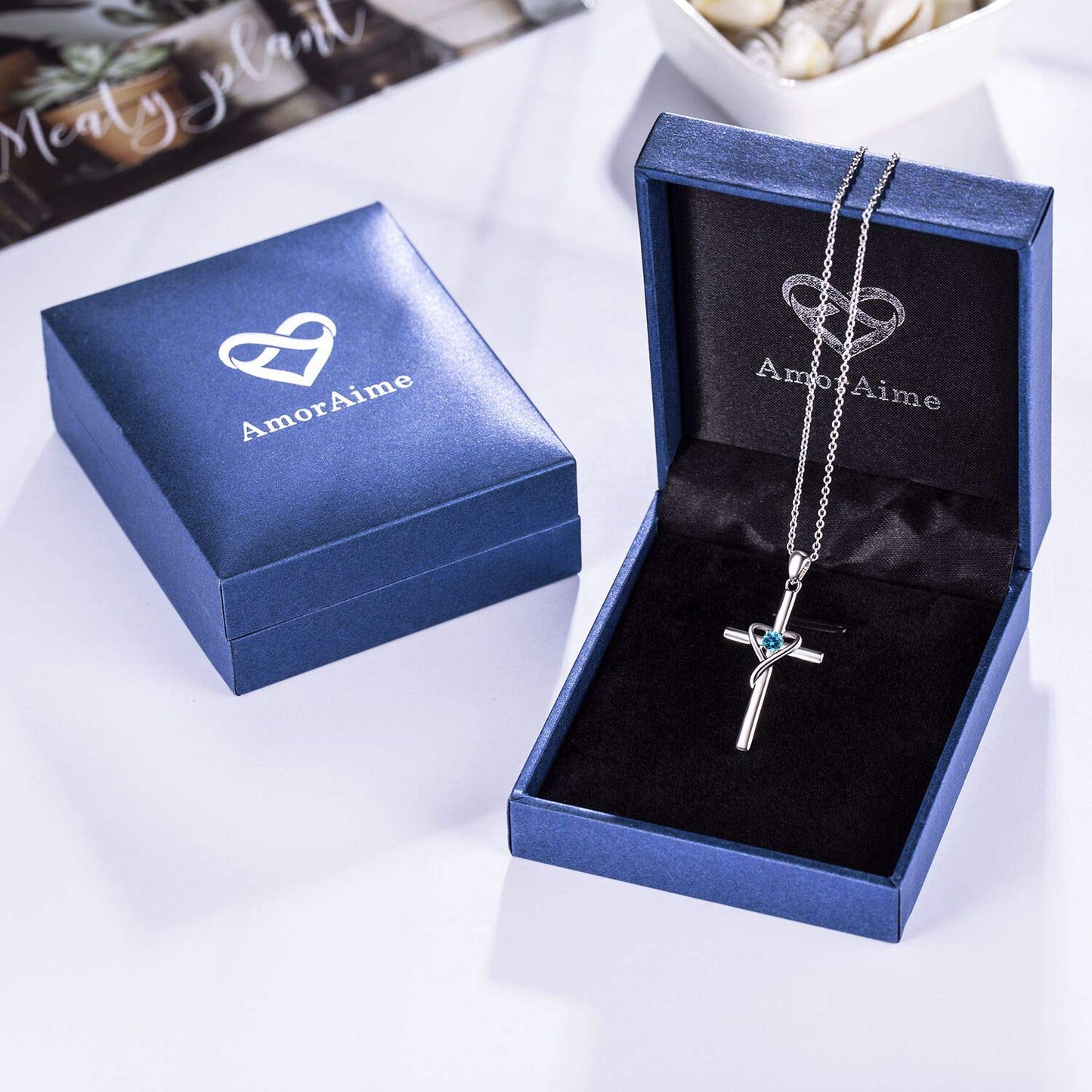 AmorAime 925 Sterling Silver Cross Necklace for Women Men 14K Gold Plated 5A CZ Birthstone Necklaces for Holiday (C.Blue-March)