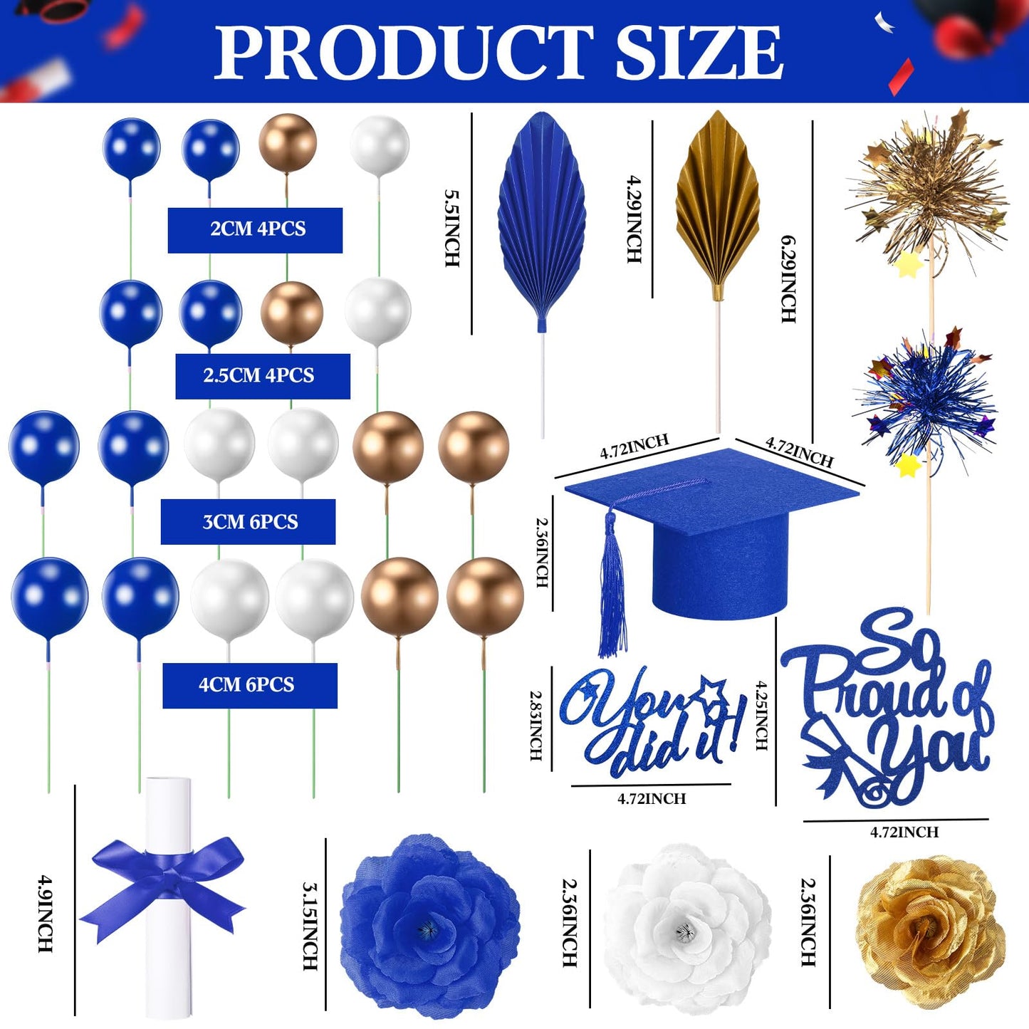 Sureio 48 Pcs Graduation Cake Toppers Class of 2026 Congrats Grad Cake Decor Graduation Cap Diploma Artificial Flower Card Ball Palm Leaves Firework Stick Kit for Theme Party Supplies(Blue, Gold)
