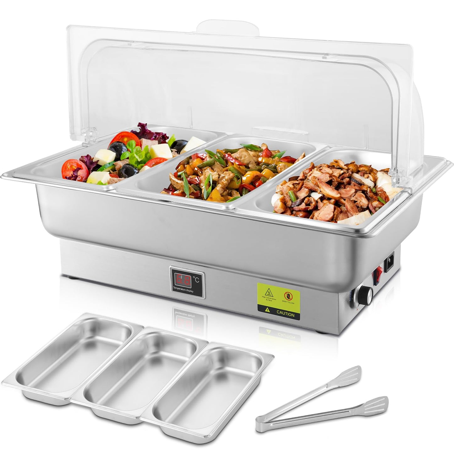 THXSUN Electric Chafing Dish, 3 x 3QT Size Electric Chafing Dish Buffet Set with Rotary Knob Adjustable Temp, 700W Electric Buffet Servers and Warmers with Roll Top for Catering