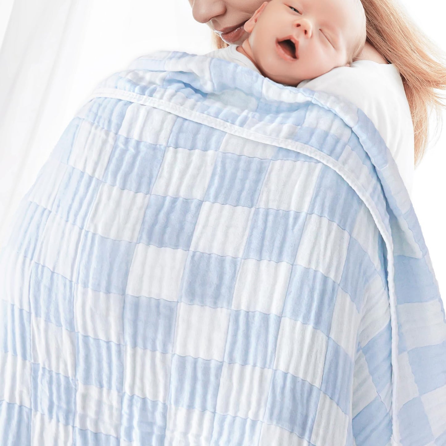 BEILIMU Muslin Baby Blankets for Boys Girls, 70% Cotton and 30% Rayon Blanket for Infant Toddler, Super Soft and Lightweight Blankets with Checkerboard Design Blue 43 x 43 Inches