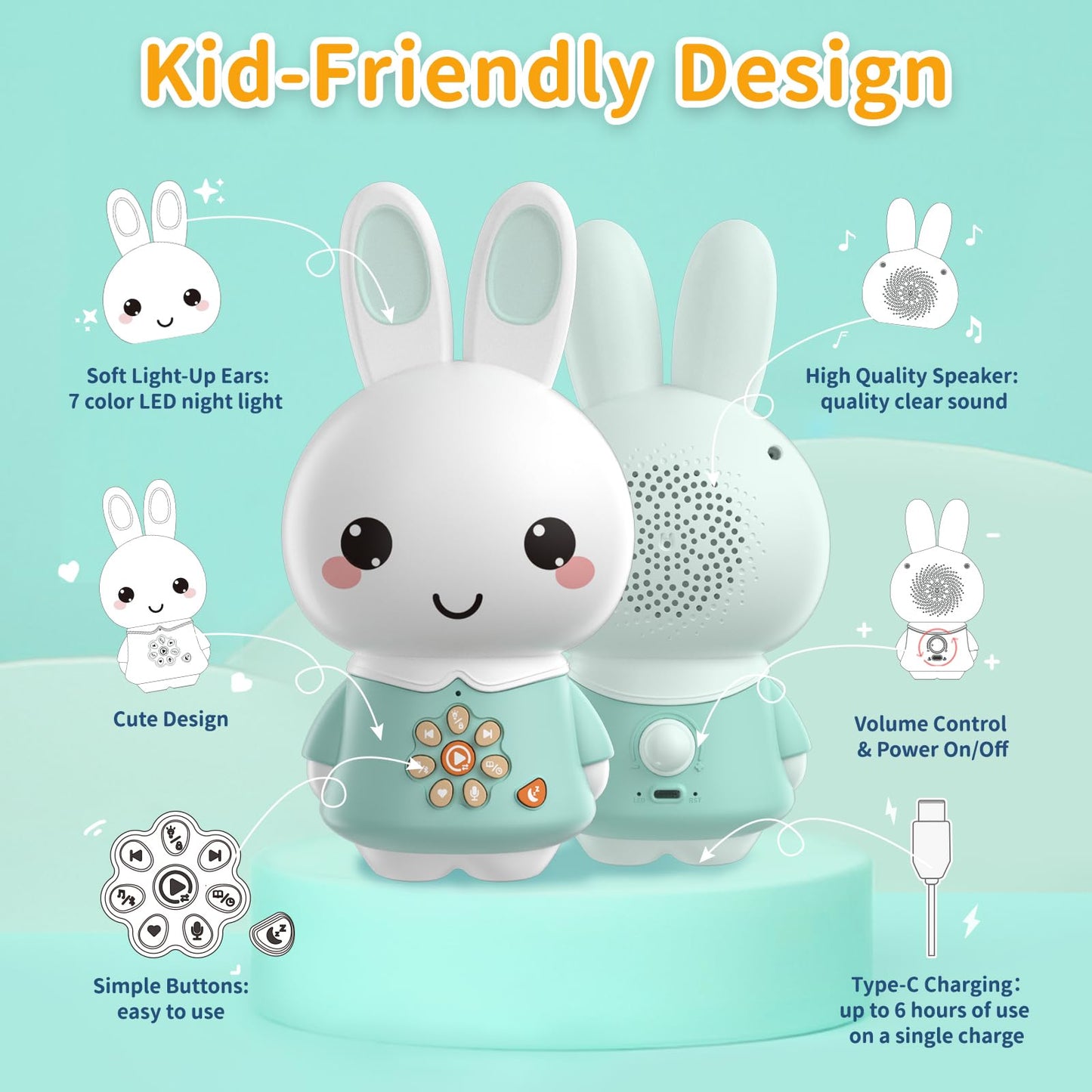 alilo Honey Bunny Pro, Kids Music Player with Night Light, Bluetooth, Recorder, Preloaded 71 Nursery Rhymes, 50 Stories, 55 Soothing Music, Storytelling Toys Gifts for Toddlers Baby Boy Girl, Green
