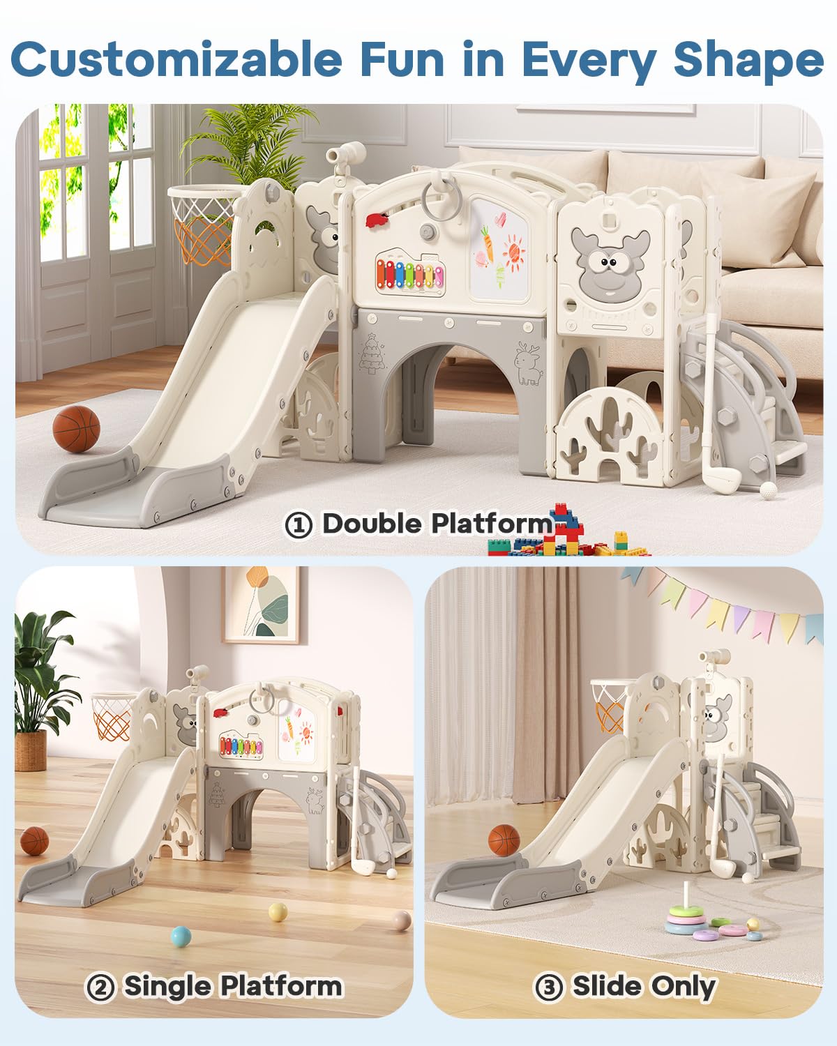 BIERUM Toddler Slide Set with Basketball Hoop, Golf Game & Drawing Board, 13-in-1 Indoor Outdoor Toddler Slides Playground for Kids Ages 1+, Kids Climber Playset for Backyard (Cream&Gray)