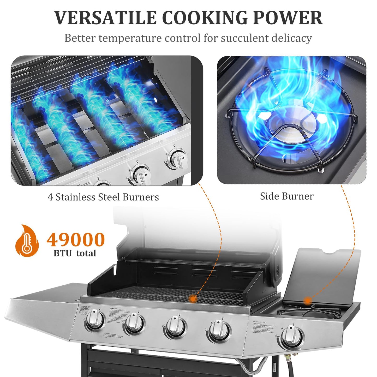 Unovivy 4-Burner Propane Gas BBQ Grill with Side Burner & Porcelain-Enameled Cast Iron Grates Built-in Thermometer, 49,000 BTU Outdoor Cooking, Patio, Garden Barbecue Grill, Black and Silver