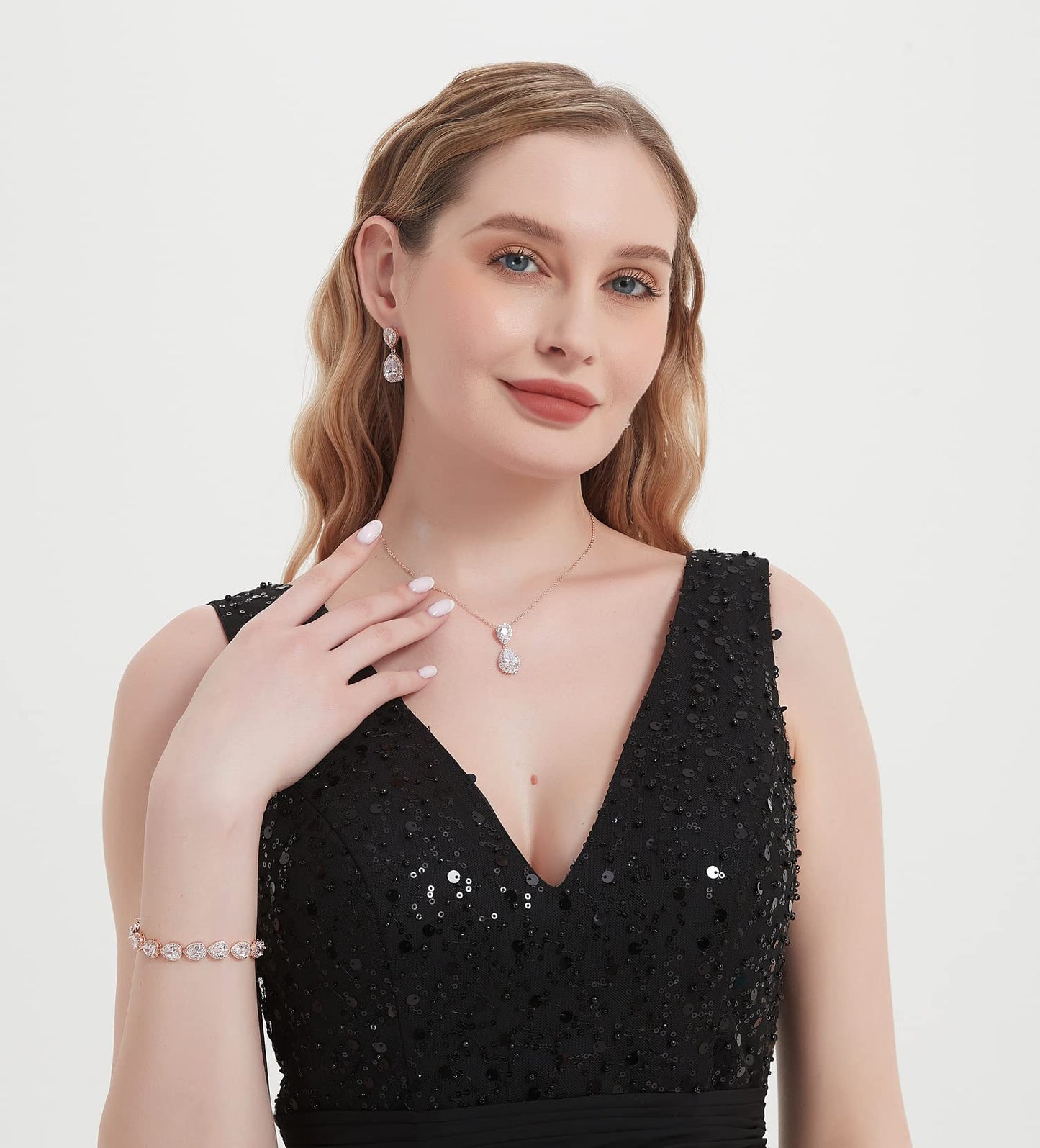 UDYLGOON Imitation Cubic Zirconia Crystal Bridal Jewelry Set for Bride Bridesmaid Wedding Prom Teardrop Necklace Earrings Bracelet Jewellery Set