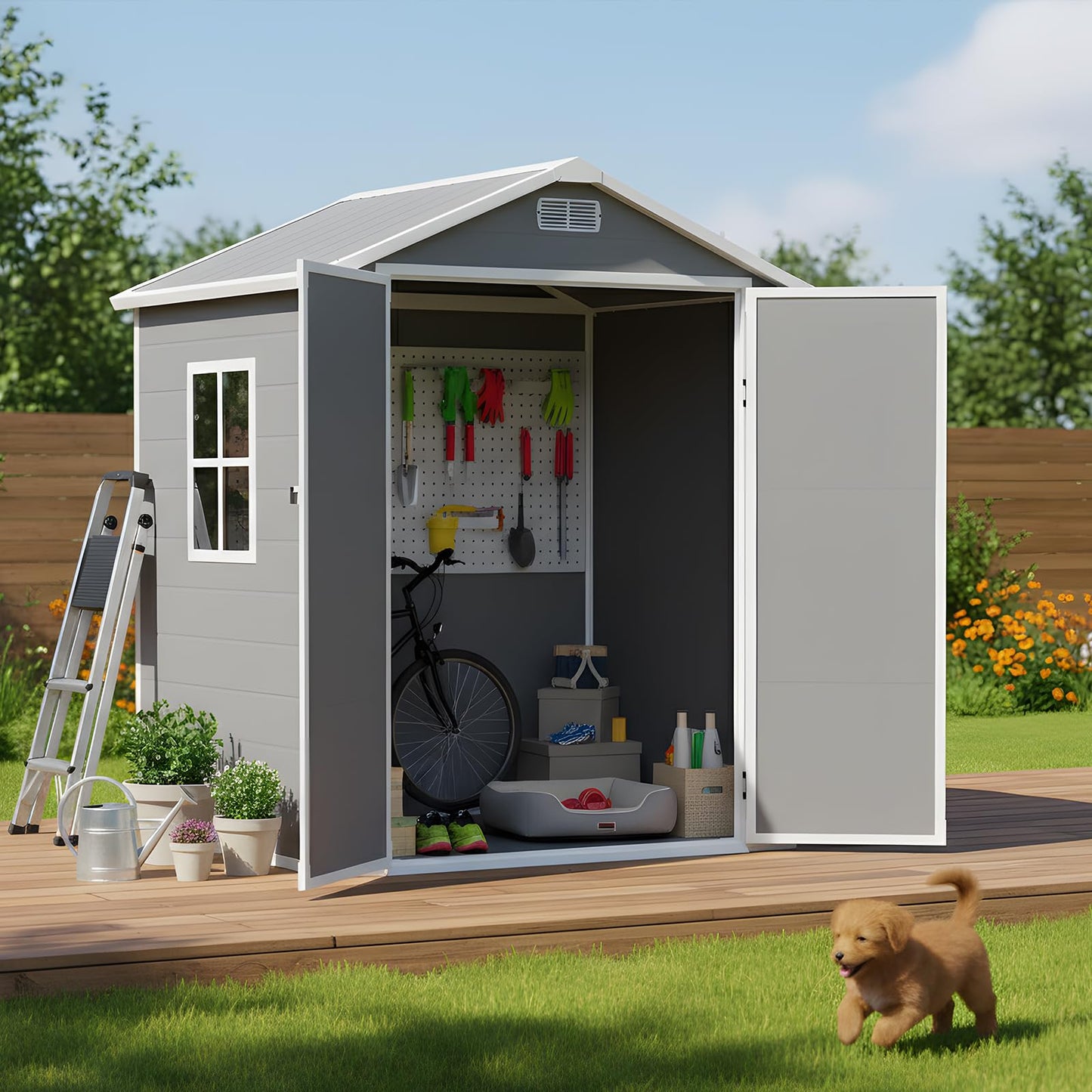 LARBANKE 6×4FT Outdoor Storage Shed with Floor and Slop Roof,Waterproof Garden Storage Shed with Lockable Door&Window,Resin Shed with Ramp&Vent Suitable for Patio,Backyard,Garden,Lawn,Gray