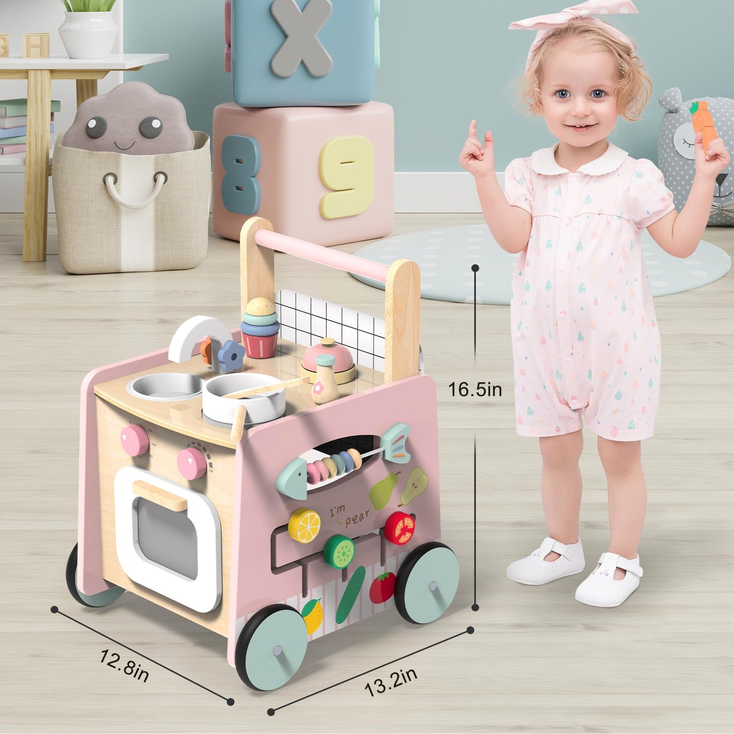 wiqins Wooden Baby Walker 9-in-1 Activity Center with Toddlers Montessori Sensory Toys and Play Kitchen Push Walker for Kids with Wheels and Storage Space, Ideal Gift for Girls Boys Ages 6-36 Month
