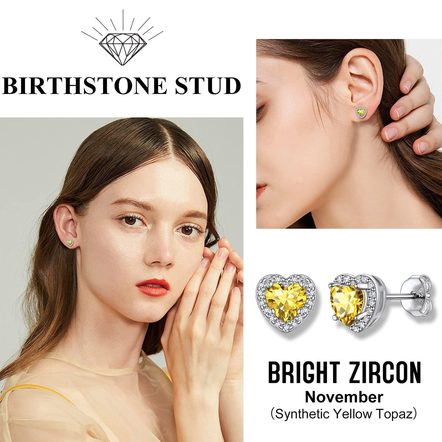 Bestyle Classic S925 Sterling Silver Love Heart Earrings, Dainty November Critine Crystals Birthstone Studs, Anniversary/Mother’s Day/Birthday Jewelry Gifts for Women Mom/Wife/Sister/Best Friend