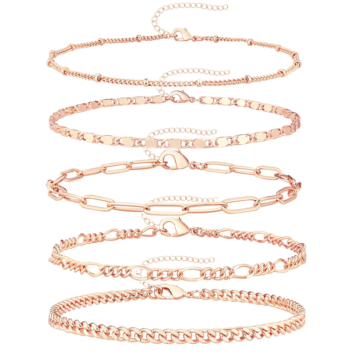 Reoxvo Reovxo Dainty Rose Gold Chain Bracelet for Women 14K Rose Gold Link Bracelet for Women Layered Cuban Paperclip Link Chain Cute Gold Bracelets Set for Women Jewelry Gift Adjustable