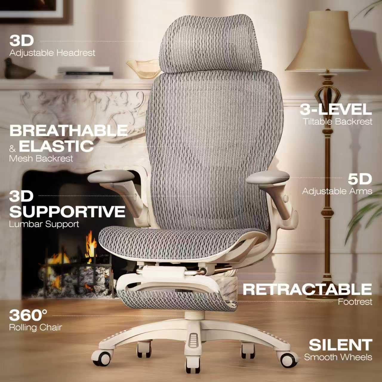 ELABEST X100 Ergonomic Office Chair with Footrest, Big and Tall Home Desk Chair with 5D Flip-Up Arms, Adjustable 3D Lumbar Support,High Back Rolling Computer Chair, Swivel Mesh Chairs (Frosted Dawn)