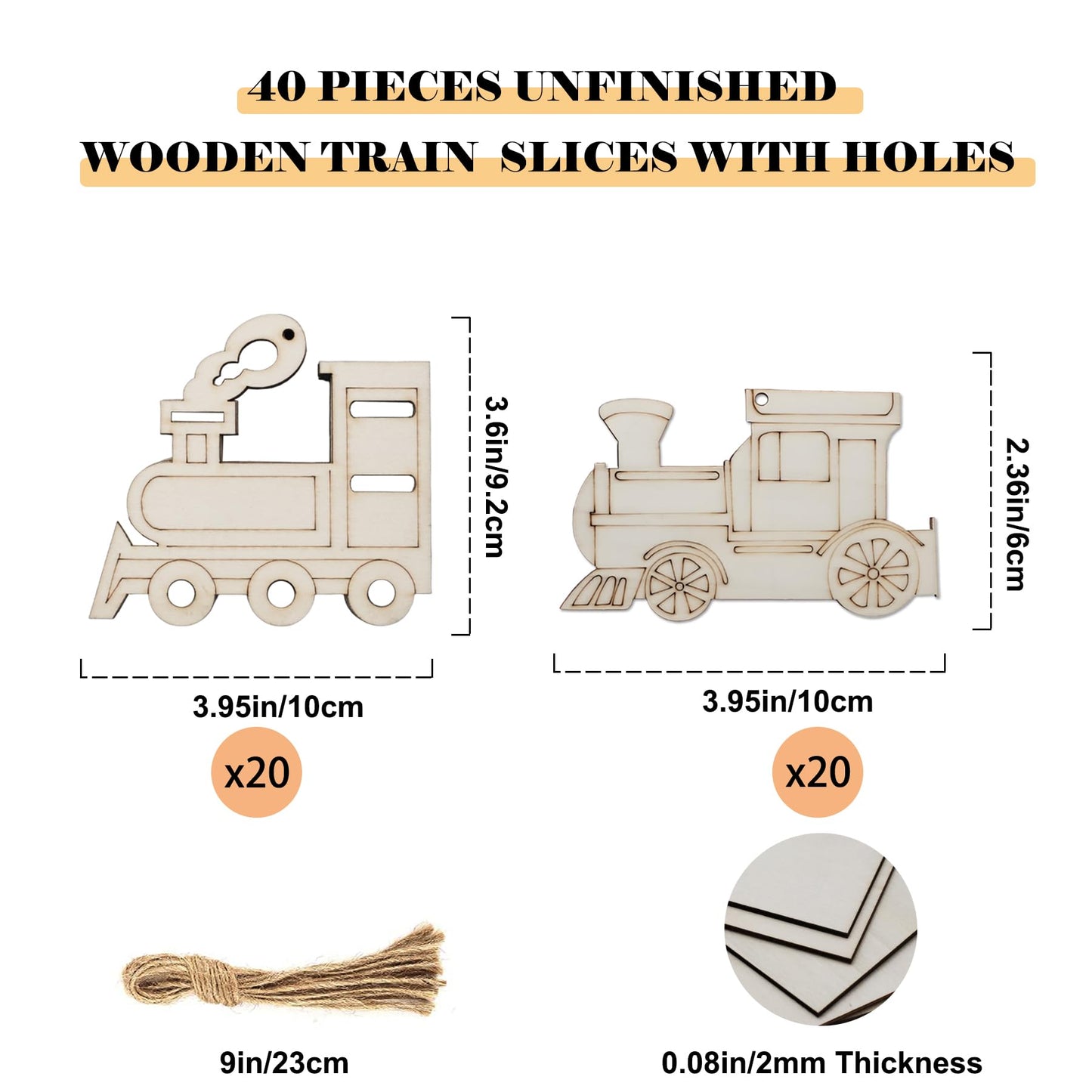 40-Pack 4 Inch Unfinished Wood Train Cutout for Crafts, Paintable Train Shape Wooden Slices Predrilled DIY Train Ornaments for Birthday Decoration Holiday Party Hanging Decor