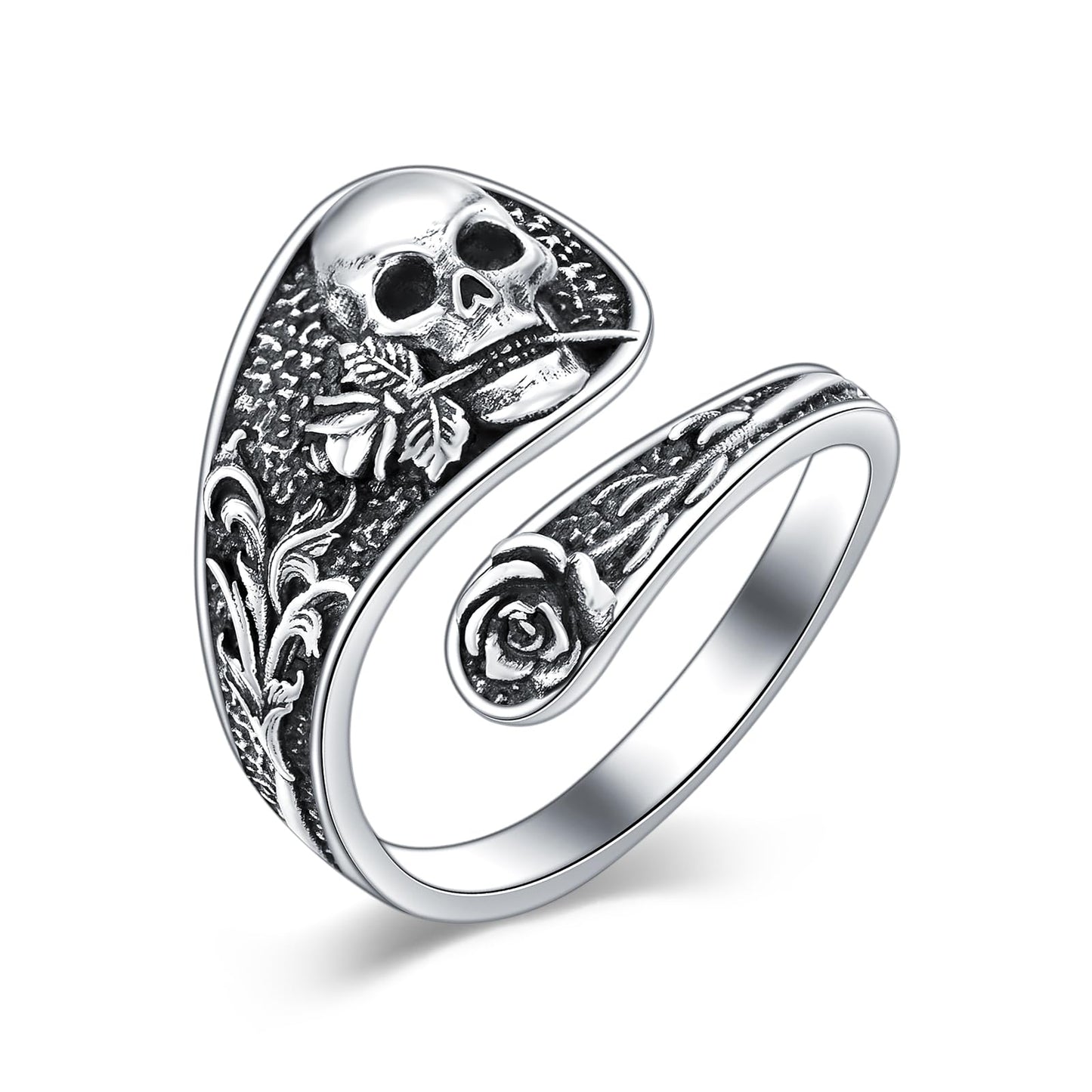 Midari Skull Rose Spoon Rings for Women 925 Sterling Silver Skull Ring Adjustable Punk Skull Rings Skull Rings Open Antique Spoon Rings Jewelry for Women Hallowee Birthday Christmas Gifts