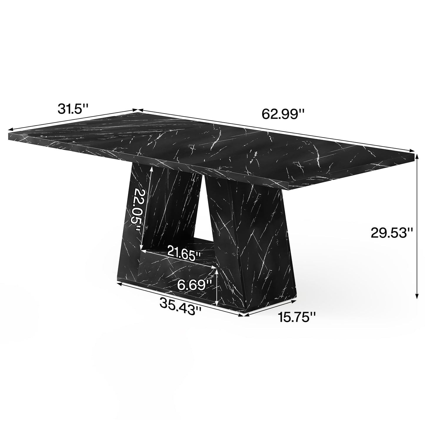LITTLE TREE Dining Table for 4-6 People, 63 Inches Dining Room Table with Wooden Triangle Pedestal Base, Black Faux Marble Rectangle Dinner Kitchen Table for Dining Room, Kitchen, Living Room