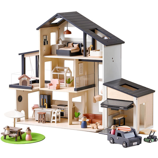 Tiny Land Modern Family Dollhouse & Wooden Dollhouse Garage Toy Set
