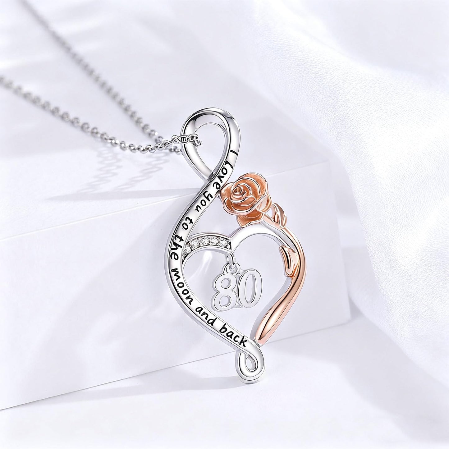 KoyeKei 80th Birthday Gifts for Women 80 Year Old Necklace 925 Sterling Silver Rose Flower Heart Infinity Pendant Jewelry Birthday Mothers Day Gift for Nana Granddaughter