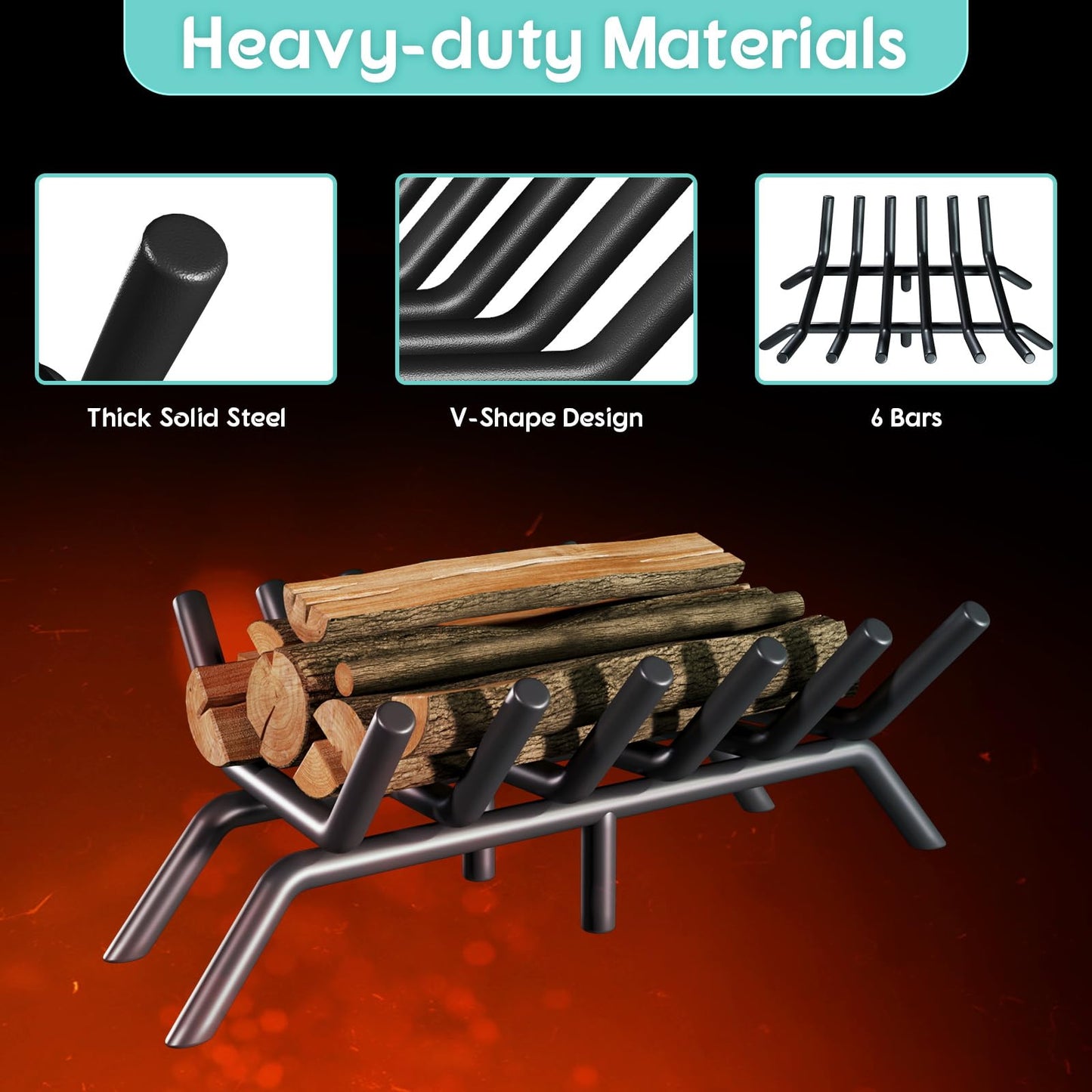 jkxoo 17-Inch Fireplace Grate, Heavy Duty 6-Bar Log Rack Holder Made of Solid Round Steel for Indoor/Outdoor Fire Pits, Wood Stoves & Kindling Tools