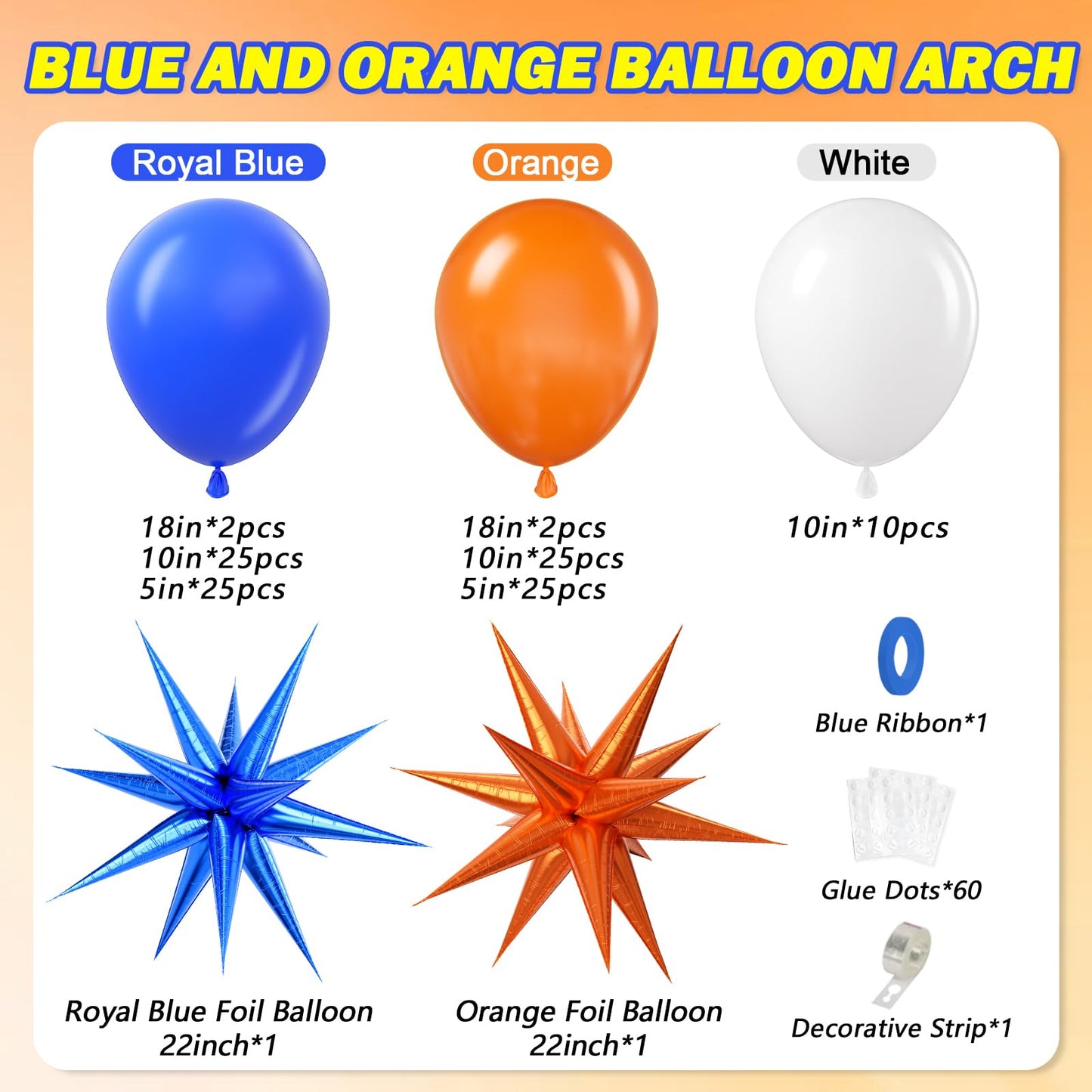 Royal Blue and Orange Balloon Arch Garland Kit with White Orange and Blue Balloons for Baby Shower Birthday Party Decorations
