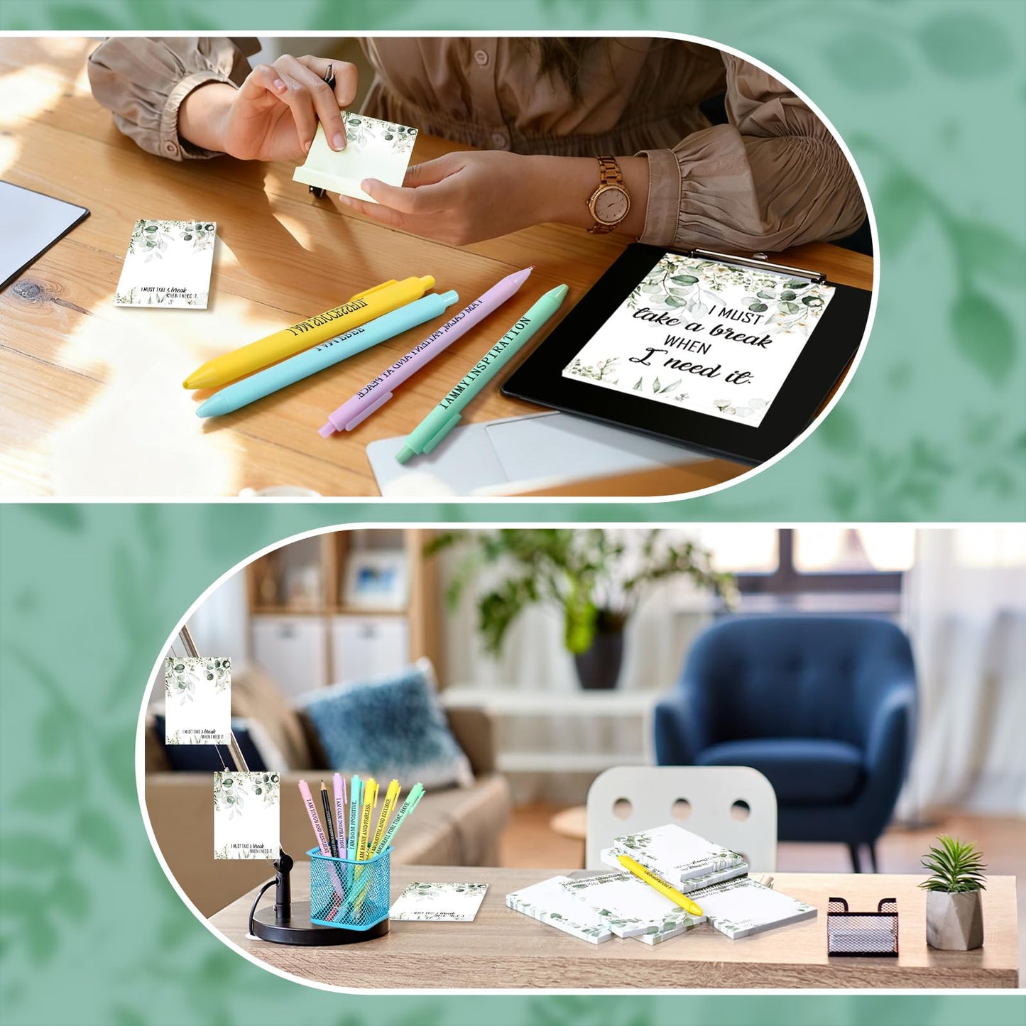 Maitys 24 Sets Thank You Teacher Appreciation Gift for Women Employee Positive Affirmation Gift Inspirational Sticky Note Greeting Cards Pen Ribbon Motivational Notepad for Coworker Office(Eucalyptus)