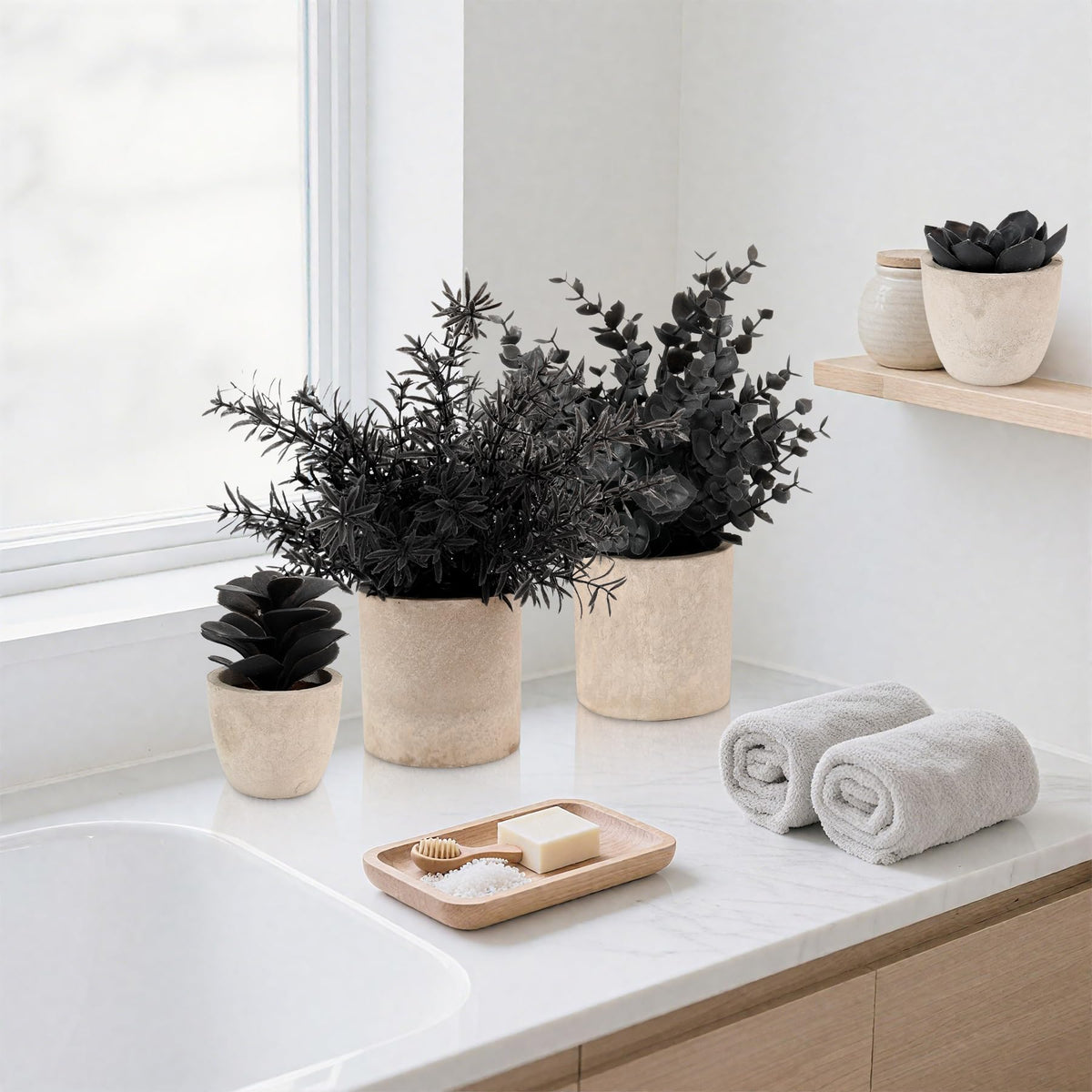 ALAGIRLS 4 Packs Fake Plants Small Artificial Plants Indoor Black Eucalyptus Rosemary Succulents Plants Potted Faux Plants for Home Indoor Office Bathroom Living Room Decor