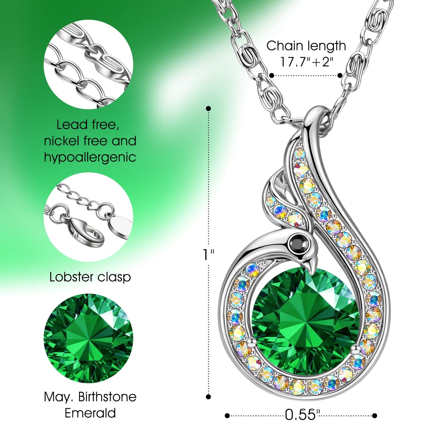 Kate Lynn Phoenix Birthstone Necklaces for Women Pendant Necklace Crystal Jewelry, Birthday Gifts for Women Wife Girlfriend Mothers Day Gift for Mom Daughter Unique Lady Christmas Jewelry Gift for Her, May Birthstone Emerald Necklace