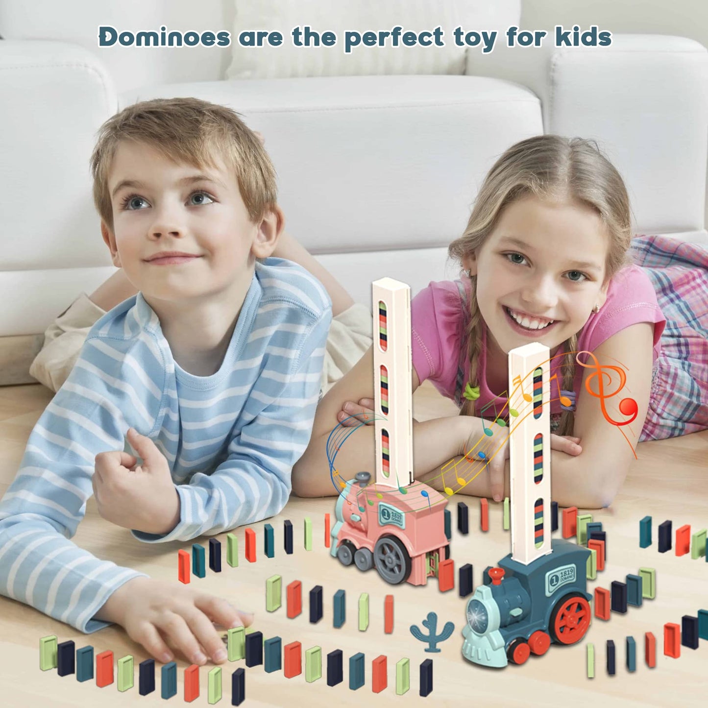 Noaideoi Domino Train Toy Set for Kids, Automatic Dominoes Blocks Building and Stacking Toys Creative Kids Games Early Education Christmas Birthday Gift Boys Girls Age 3 4 5 6 7 8 Year Old (Cyan)
