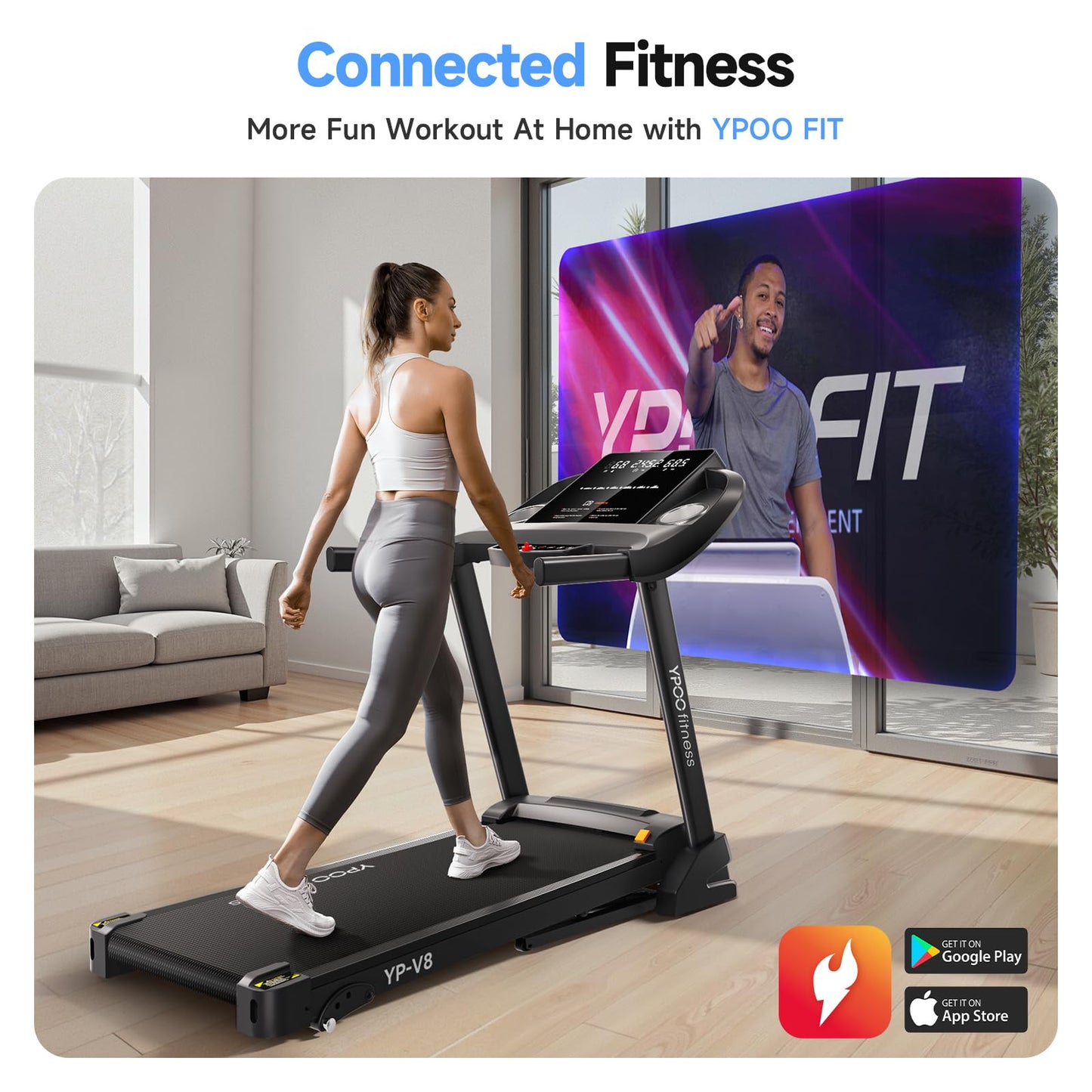 Treadmills for Home with Incline, Auto Foldable Running Treadmills, 8.0 MPH Walking Pad Treadmill with Bluetooth, 300 lbs Weight Capacity Quiet