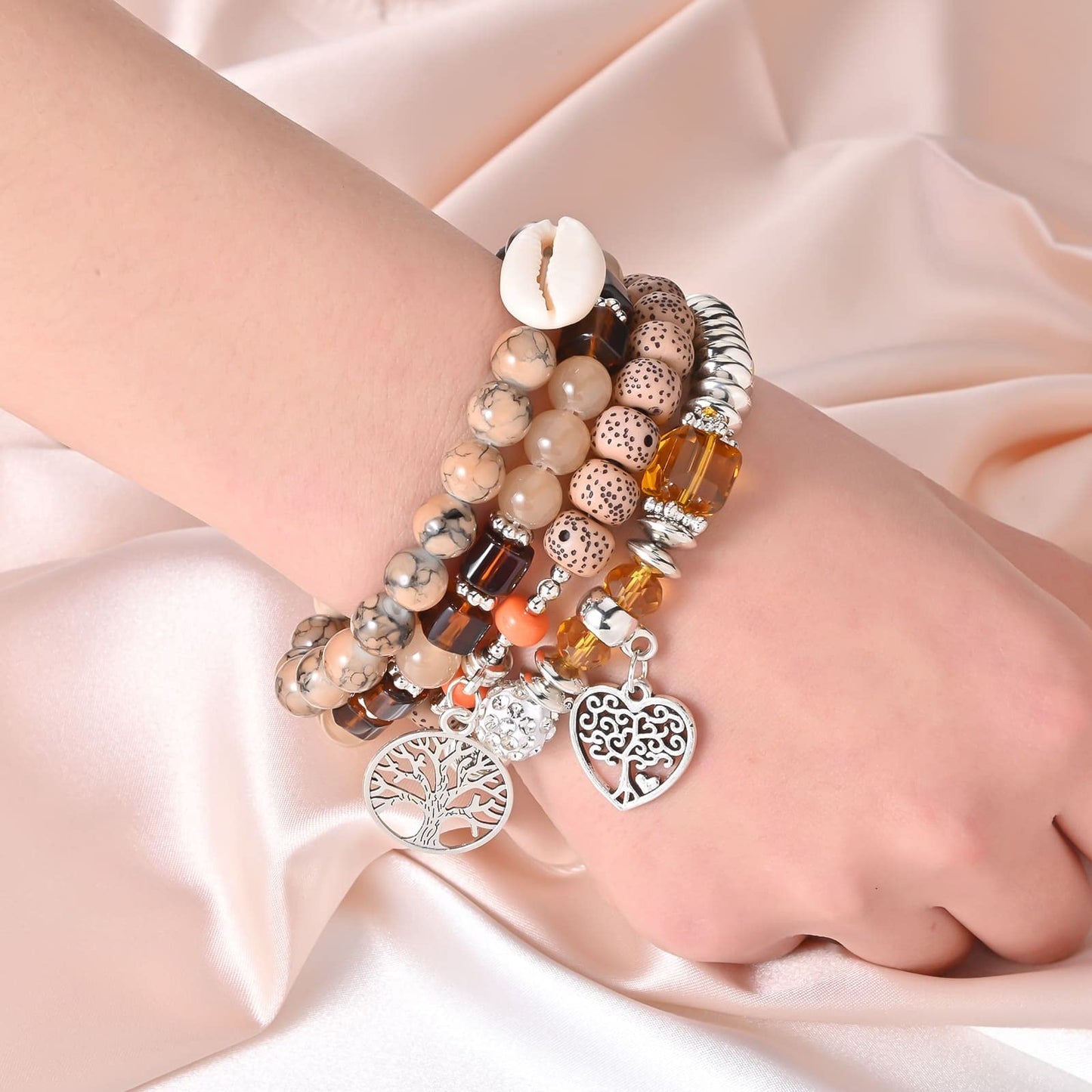 Bohemian Bracelet Sets for Women - 6 Sets Stackable Stretch Bracelets Multi-color Boho Jewelry for Women Hippie Bracelets Dainty Jewelry (Tree of Life Bead Bracelets)