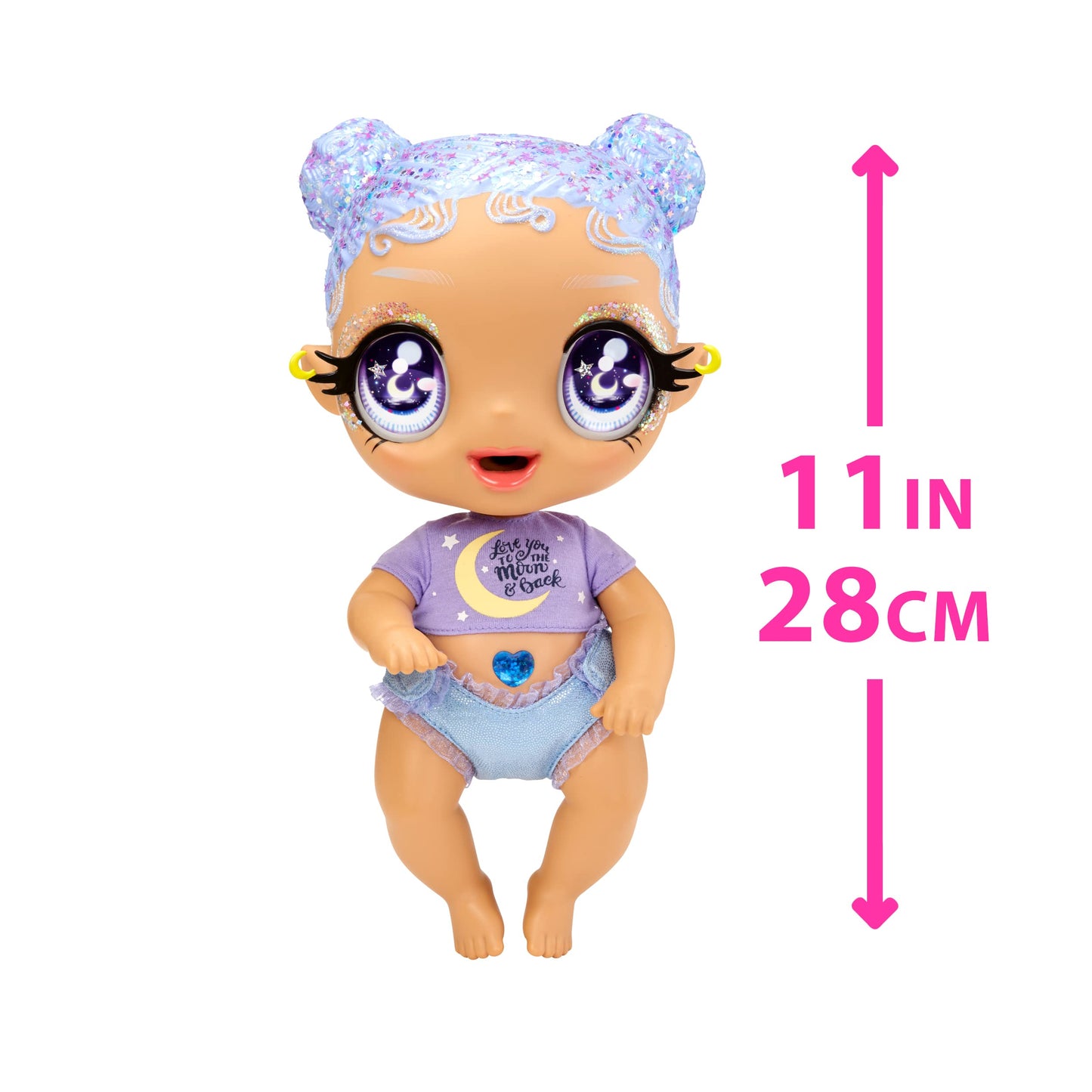 MGA Entertainment Glitter Babyz Selena Stargazer Baby Doll 3 Magical Color Changes, Pastel Purple Glitter Hair, Moon & Stars Outfit, Diaper, Bottle, Pacifier Accessories Gift for Kids, Ages 3 4 5+