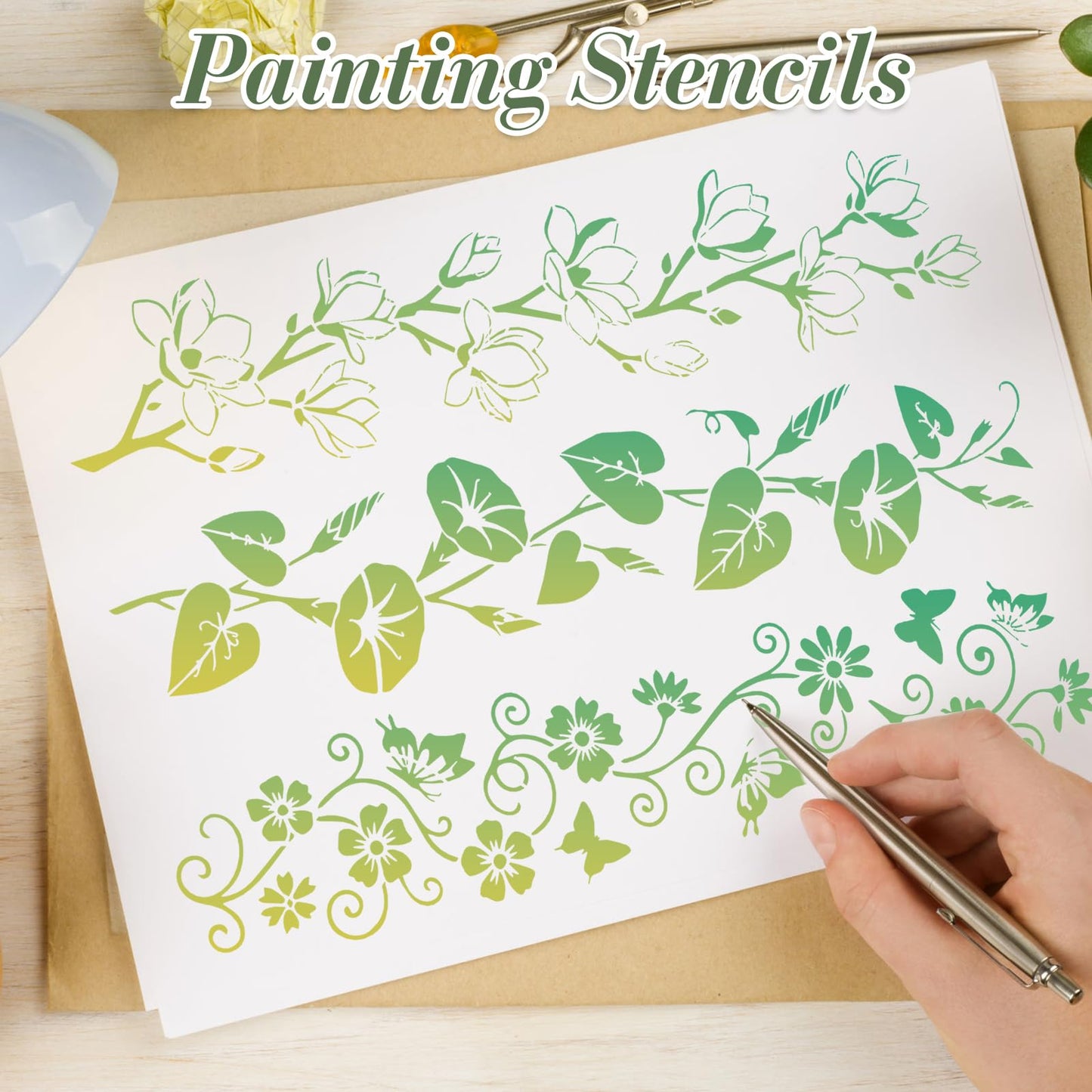 Flower Stencils for Crafts Reusable DIY Furniture Decor Art Painting Stencil 16Pcs Kit for Wood Embroidery Wall Silk Screen Journaling(11.8X2.9 Inch)