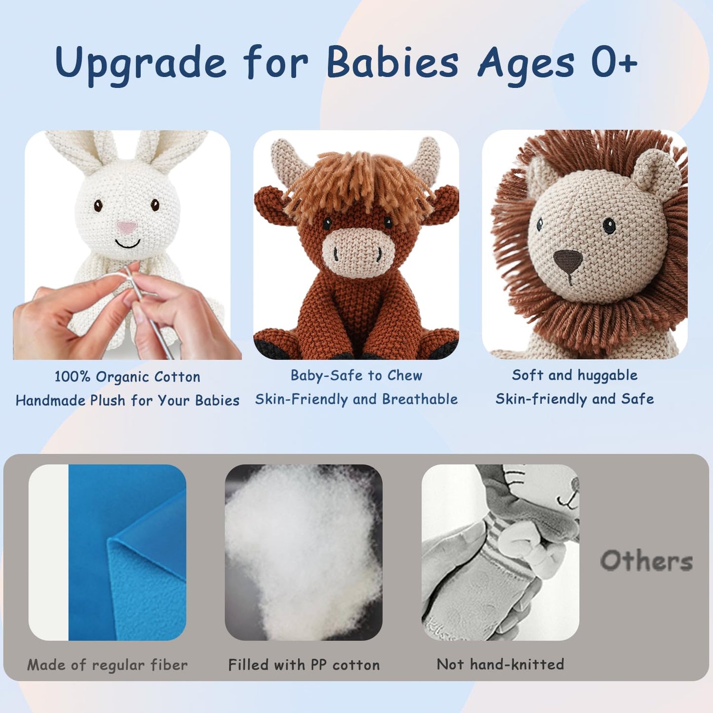 3Pcs Easter Stuffed Animals Toys for Girls 7-8 Inch Cute White Bunny Plush, Cuddly Highland Cattle Toy and Soft Crochet Lion Knitted Cotton Baby Plush Toy Gift for Kids and Newborns, Christmas