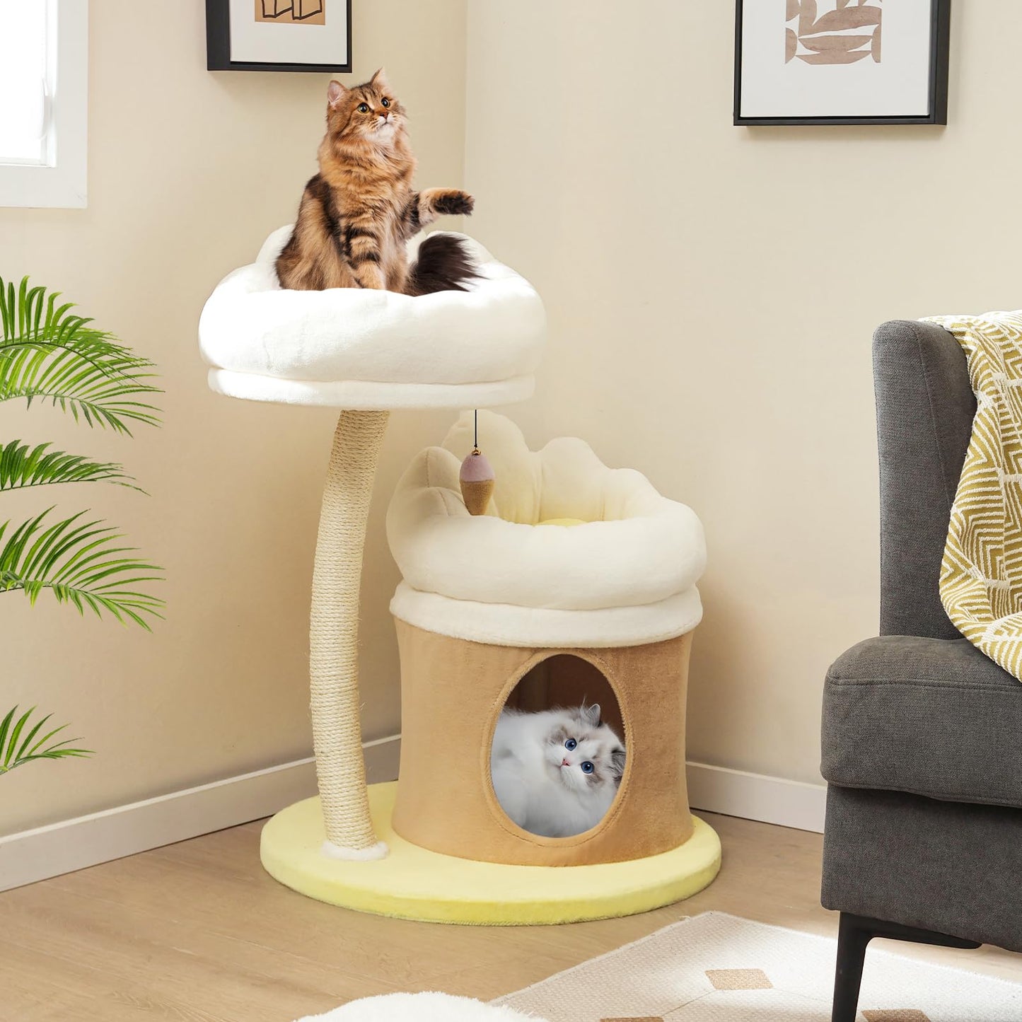 PETSITE 33 Inch Cute Cat Tree, Modern Cat Tower with Sisal Scratching Post, Cat Condo, Interactive Teasing Toy, 2 Removable and Washable Top Perches, Small Cat Tree for Indoor Cats