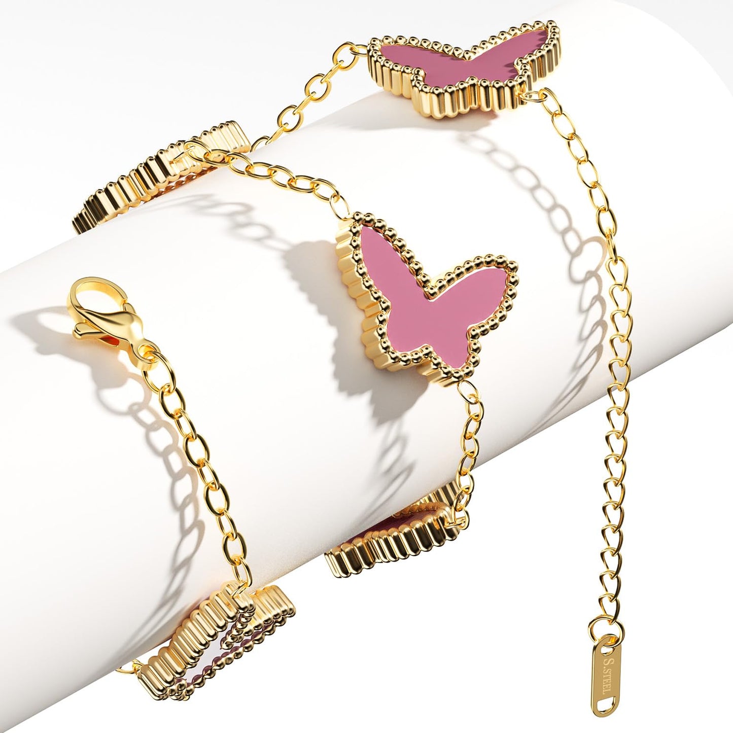 AICase 18K Gold Plated Clover Bracelet Dupes Pink Bracelet Set for Women Butterfly Flower Leaf Lucky Clover Bracelets Trendy Jewelry Birthday Gifts for Women/MoM/Friends_Pink
