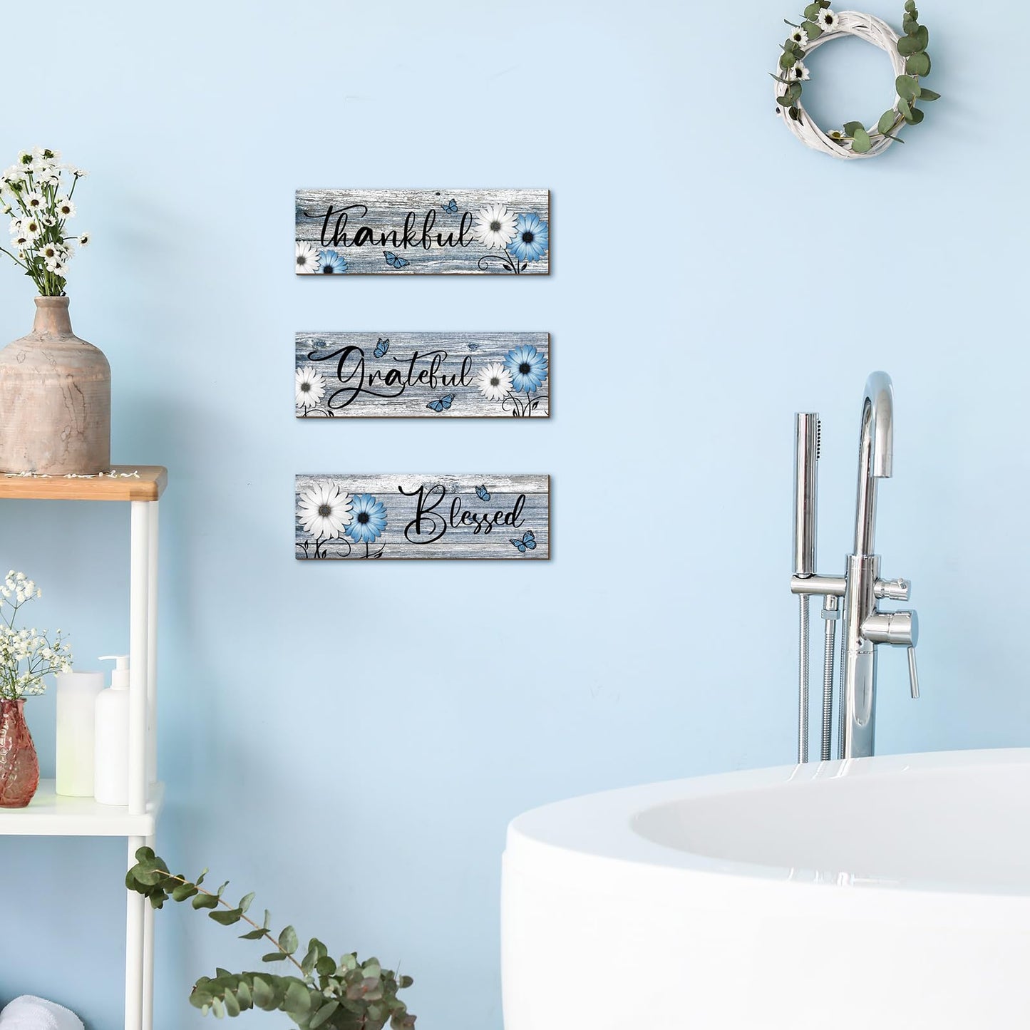 Geetery 3 Pcs Thankful Grateful Blessed Wooden Signs Rustic Daisy Wood Wall Decor Inspirational Wall Art Signs Rustic Wooden Hanging Decorations for Bedroom Kitchen Living Room Bathroom Home (Blue)