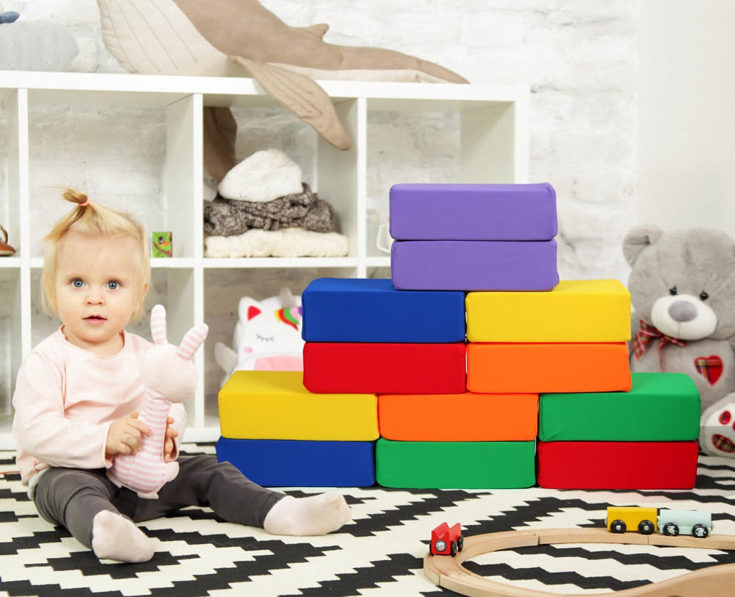 UHAPPYEE Toddler Foam Buliding Blocks - 12 Piece Fabric Covered 9x4x3inch Stacking Block Sets - Colourful Soft Play Set for Kids Idea for Building and Throwing Fun
