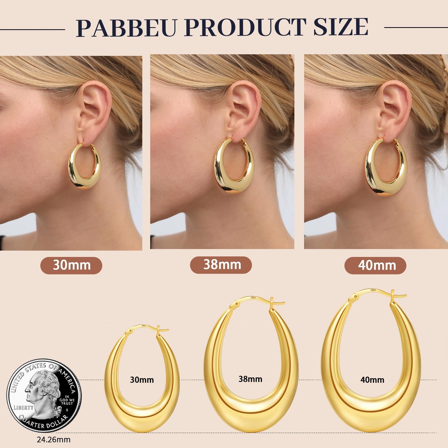 PABBEU Chunky Gold Hoop Earrings for Women, Lightweight 14k Golden Plated Hoops Earrings, Hypoallergenic 925 Oval Golds Hoops Earrings, Thick Gold Hoop Earrings for Women Gifts (38mm)