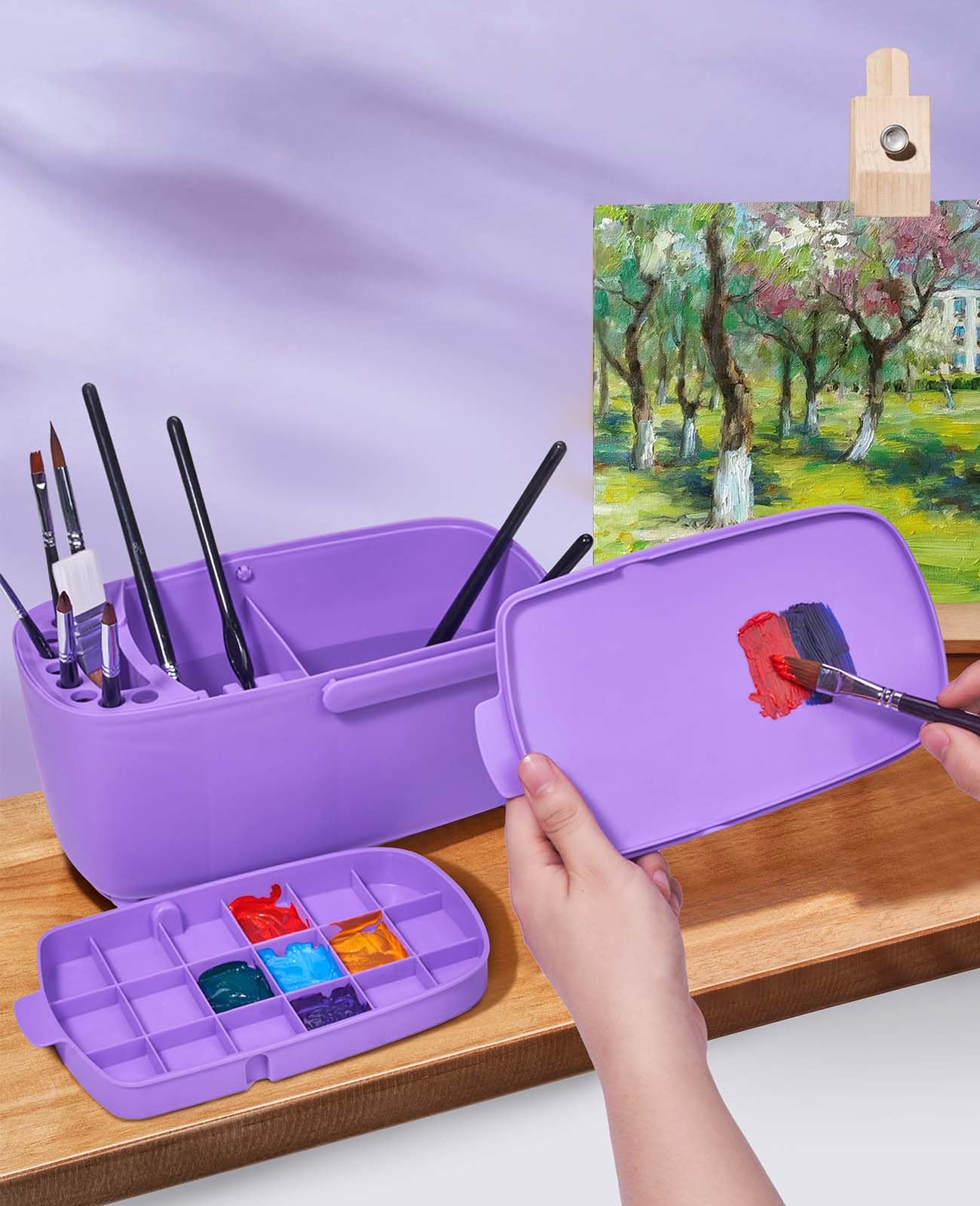 GAMENOTE Paint Brush Cleaner - Paint Brush Holder with Palette and Handle,Rinser for Acrylic, Watercolor, and Water-Based Paints, Painting Art Supply Storage Organizer (purple)