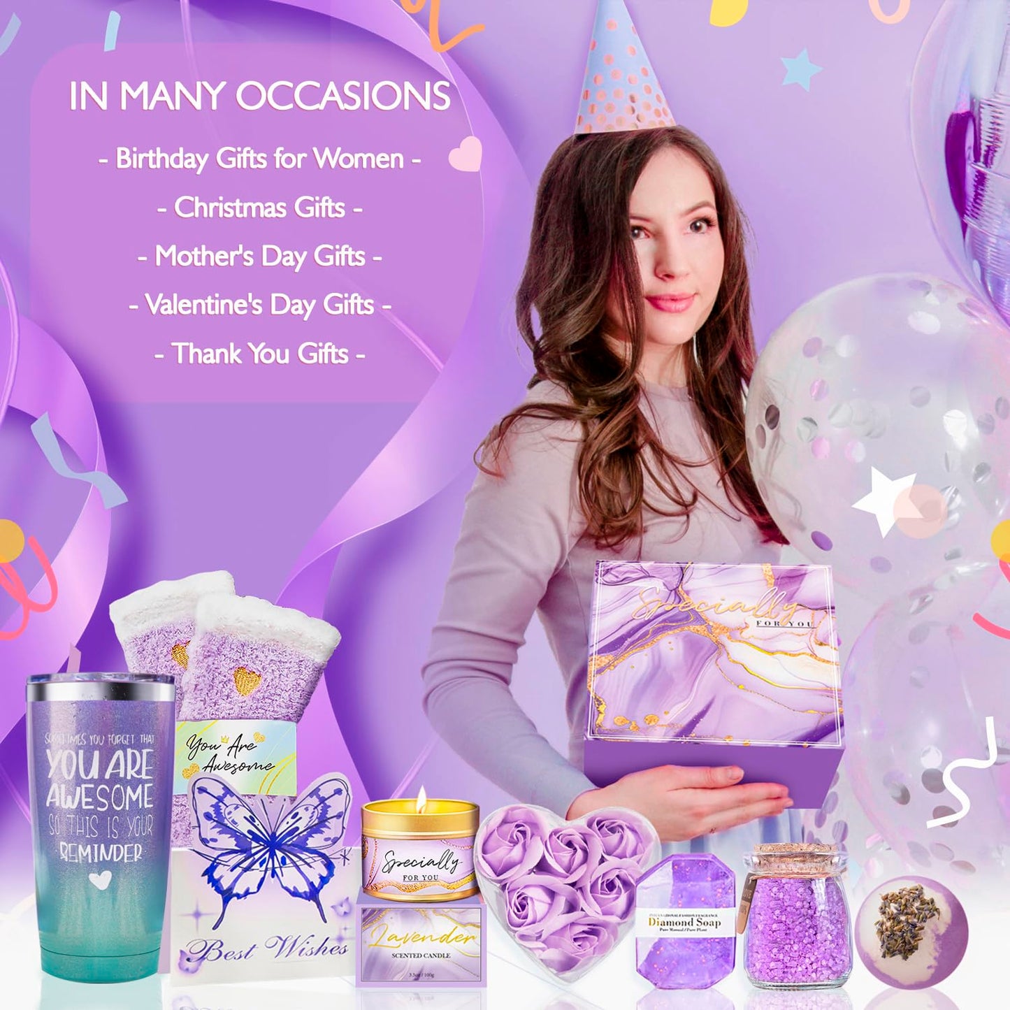 Gifts for Women, Birthday Gifts for Women, Happy Birthday Gifts Basket for Woman,Lavender Relaxing Spa Gifts Basket for Best Friends Female Wome n Sister Mom Wife Her Girlfriend Coworker