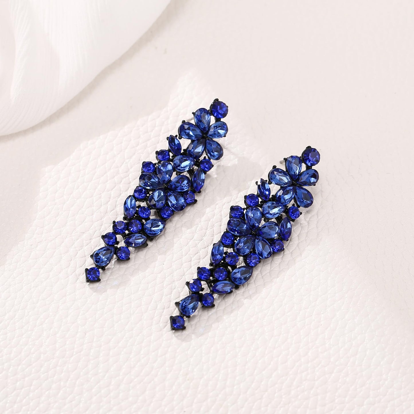 EleQueen Sparkle Marquise Rhinestone Crystal Statement Dangle Earrings for Women, Black-Tone Blue Crystals Art Deco Prom Chandelier Jewelry for Wedding Bridal