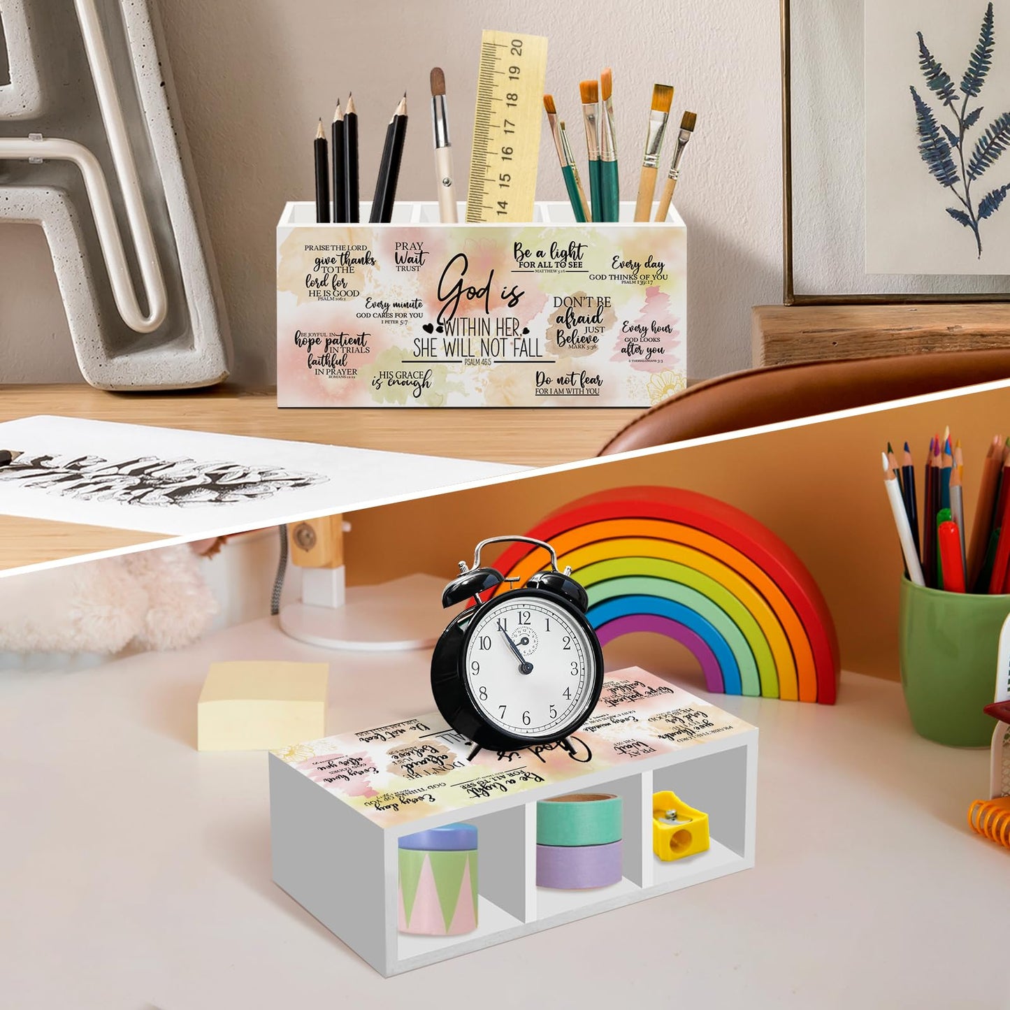 nvucamd Religious Bible Gifts Pen Holder for Desk Women, Christian Religious Office Desk Accessories, Christian Inspirational Pencil Holders Organizer for Classroom,God Is Within Her She Will Not Fall