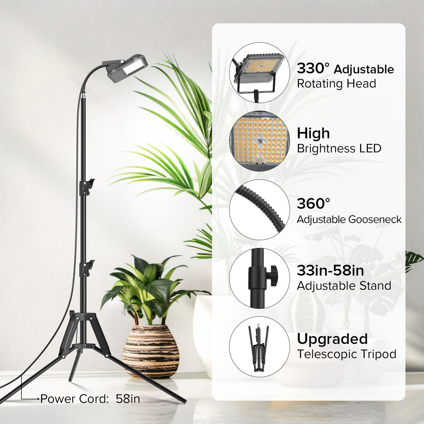 SANSI Grow Lights for Indoor Plants, Dimmable 45W Plant Lights for Indoor Growing, 88 LEDs Full Spectrum Plant Grow Light Adjustable Tripod Stand 33-58 Inches, Auto On/Off Timer with Remote Control