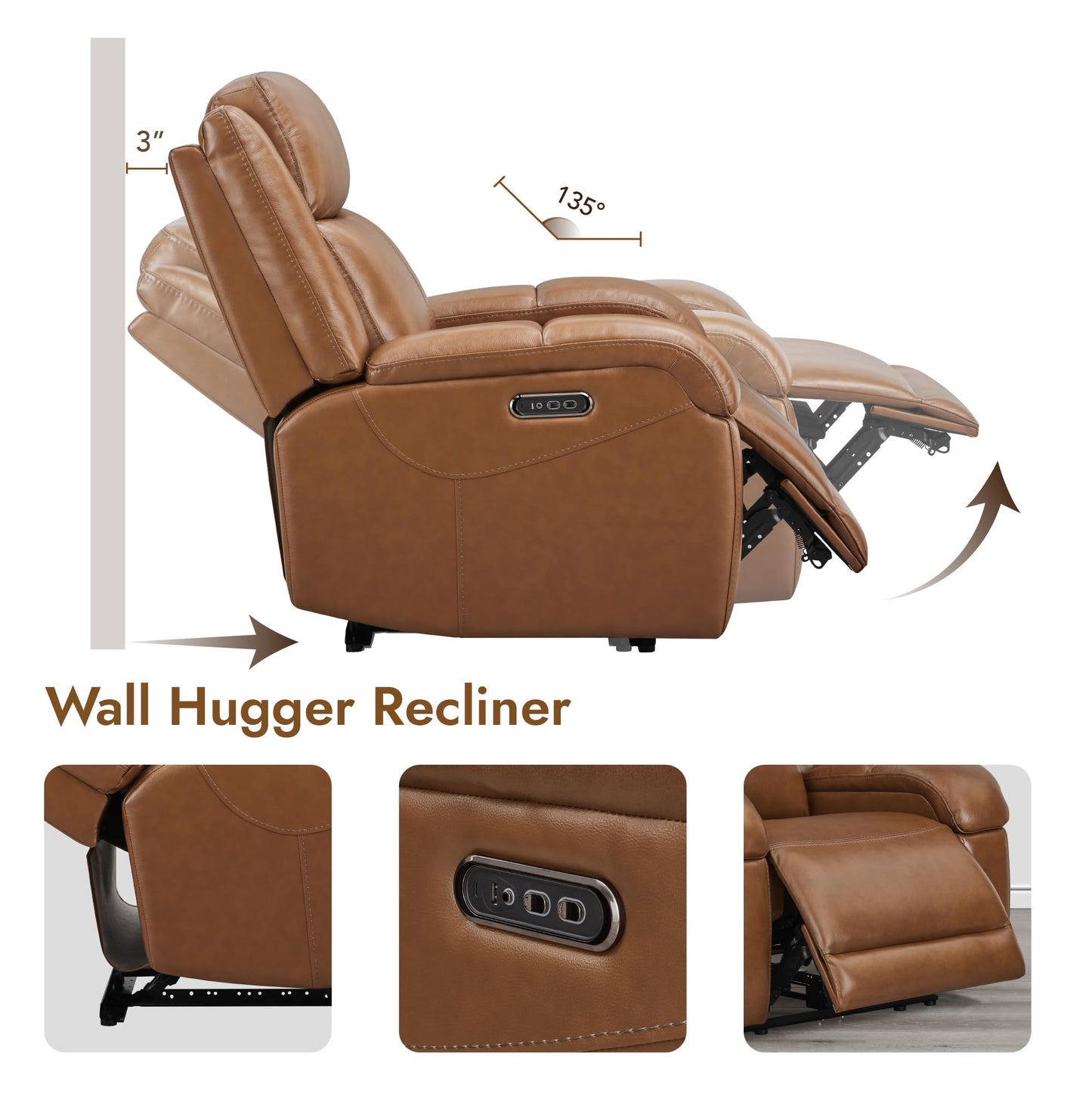 Watson & Whitely Genuine Leather Power Recliner Chairs for Adults, Wall Hugger RV Recliner with Power Headrest & Charging Ports, Electric Recliner Sofa Chair for Living Room, Saddle Brown