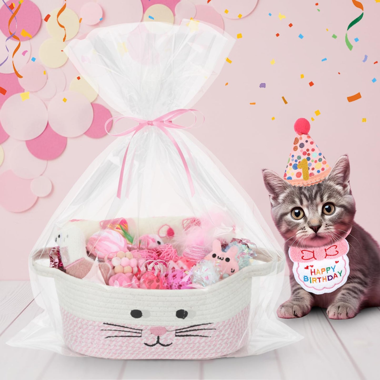 Zopeal Mother’s Day Cat Toy Set Interactive Cat Toys Pack Including Feather Teaser Wand Plush Gift Outfit Mice Crinkle Balls and Pet Bell Balls, Puzzle for Indoor Cats Gift Basket for Kitten(Pink)