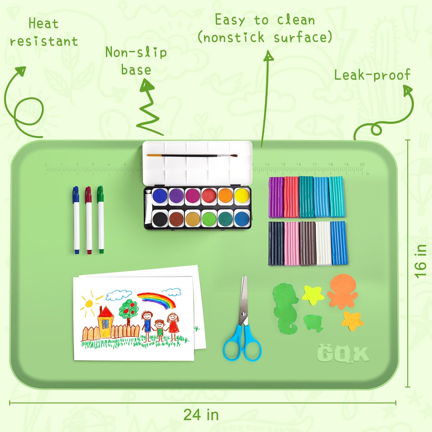 Silicone Art Mat for Crafts, 24" x 16" Painting Mat for Kids with Raised Sides to Stay Tidy, Paint Craft Mats for Clay, Resin, Slime, Jewelry-Making & Crafts Creation (Green)