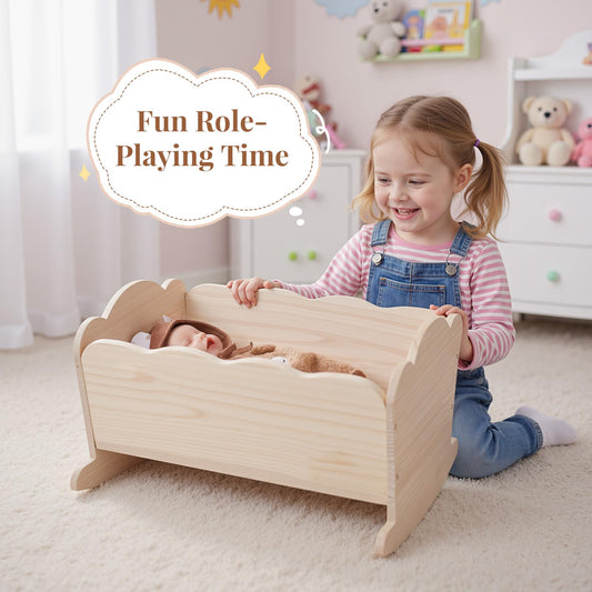 BABESIDE 3 Pcs Baby Doll Crib Set for Dolls up to 16 Inch, Wooden Baby Doll Accessories Babydoll Bed Dolls Cradle with Bedding Set for Kids Pretend Play Toys, Wood Doll Crib