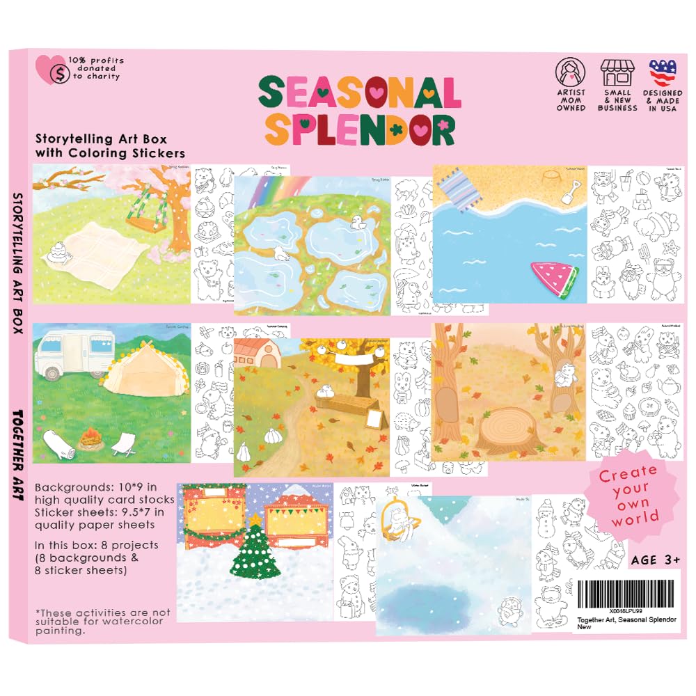 Together Art Seasonal Splendor: Color Your Own Stickers Storytelling Kit - 4 Seasons in 1 DIY Craft for Kids Ages 3+ (Camping, Beach, Christmas) - Road Trip Travel Activities & Homeschool Art Supplies