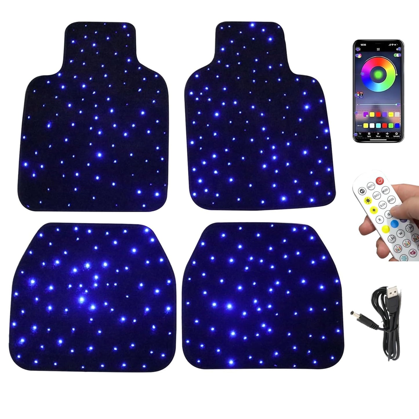 Starlight Floor Mats for Car, LED Fiber Optic Mats with App Control, Universal Fit - Waterproof Washable, Full Set Shiny Starry Sky Non-Slip Car Mat - USB Cable