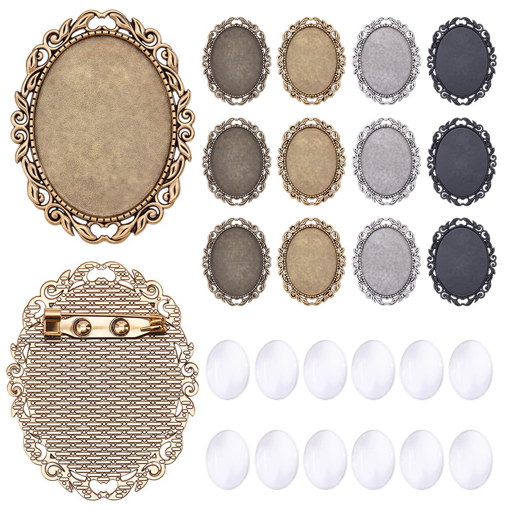 CRAFTYMELODY 12 Sets Brooch Cabochon Making Kit 4 Styles Vintage Oval Brooch Blank Bezel Oval Brooches Pins Trays with Clear Glass Cabochons for Bridal Wedding Graduation Jewelry Making DIY Craft
