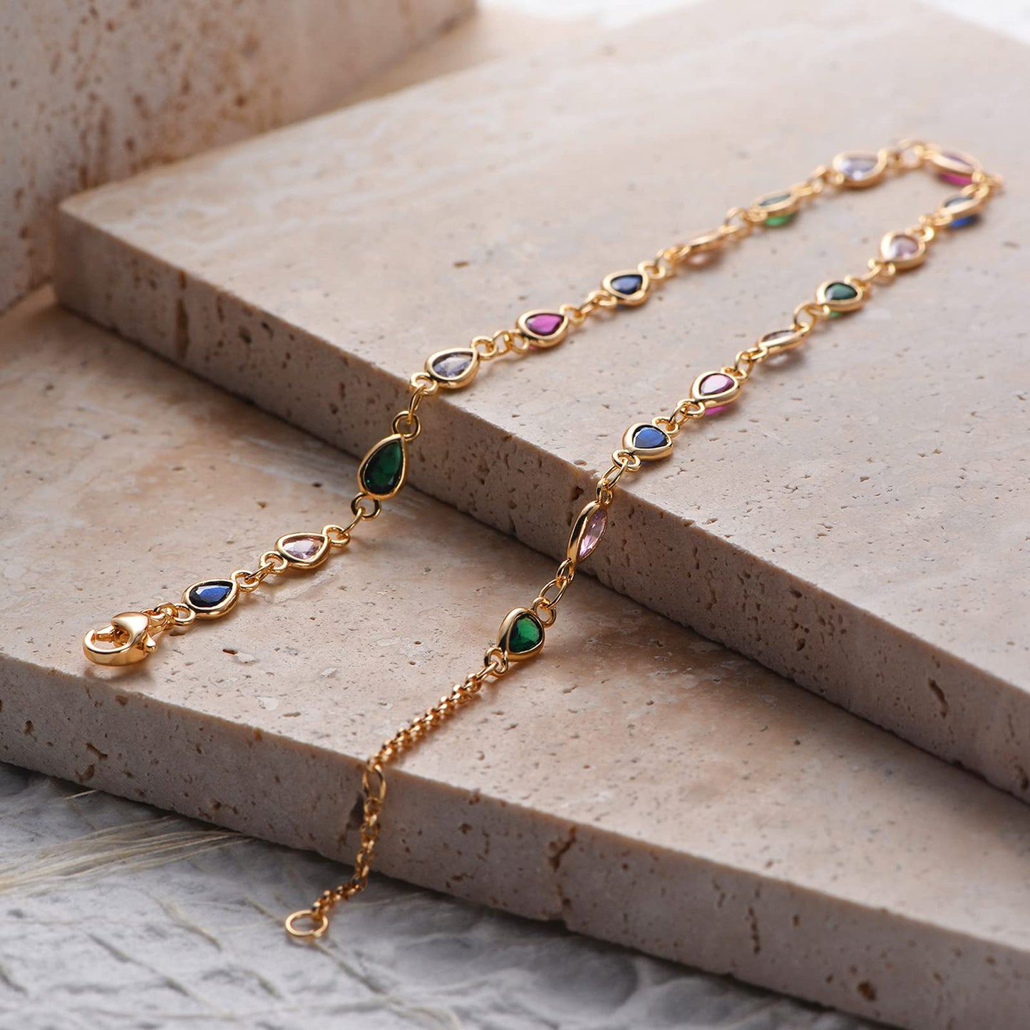 MTMY Gold Anklets for Women 14K Gold Plated Tiny Bead Anklet Colorful Cubic Zirconia Tassel Foot Chain Dainty Adjustable Cute Summer Beach Boho Anklets Jewelry Gift (colorful drop B)