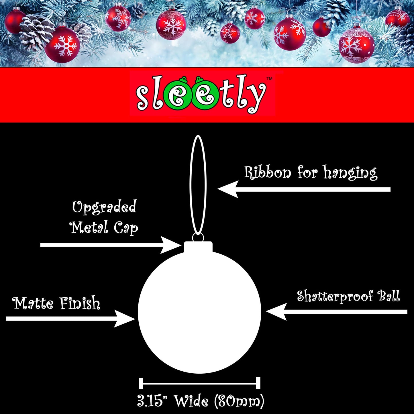 SLEETLY 12pc Matte Black Christmas Ball Ornaments – Plastic DIY Paintable Blank Plain Ornaments, Personalize Holiday Crafts for Kids & Adults - Decorate with Paint, Glitter, Stickers & Markers, 3.15"