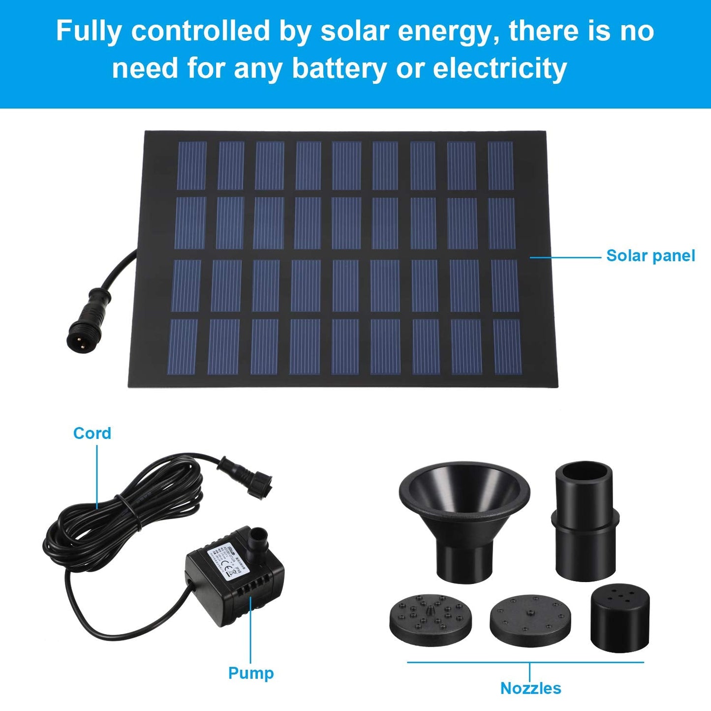 Mudder Solar Powered Garden Pond Fish Tank Water Pump 1. 8w with 4 Nozzle & 3. 2 ft Silicone Tubing - Black, Plastic, Above Ground Solar Powered Water Pump for Bird Bath Ponds, Fish Tanks, Gardens